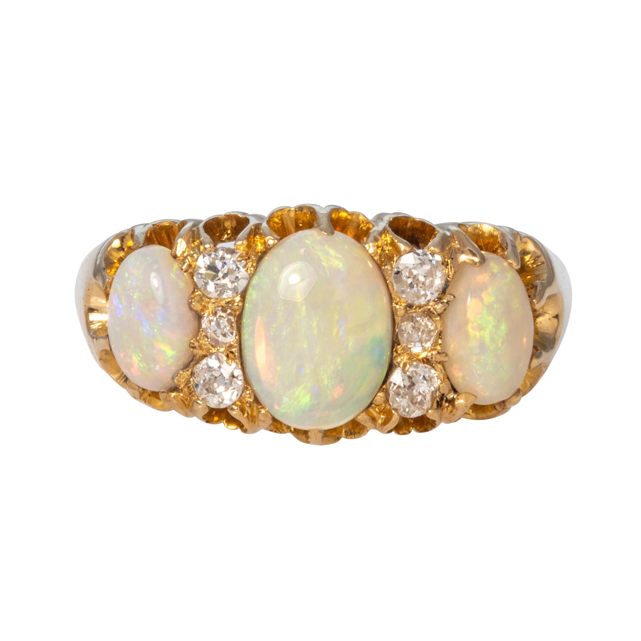 Victorian 3-Stone Opal & Diamond 18K Yellow Gold Ring