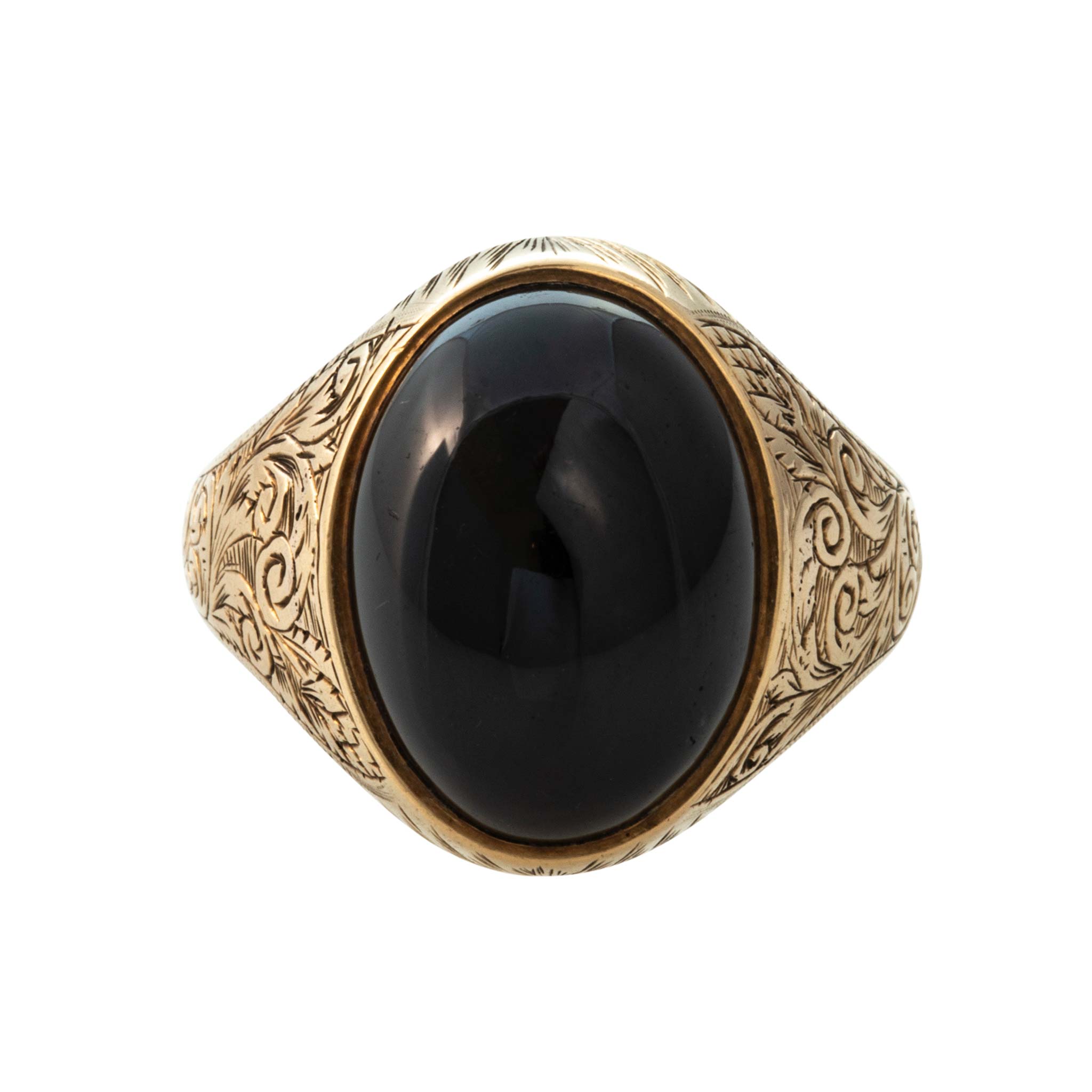 Victorian Garnet Cabochon Engraved 15K Gold Ring