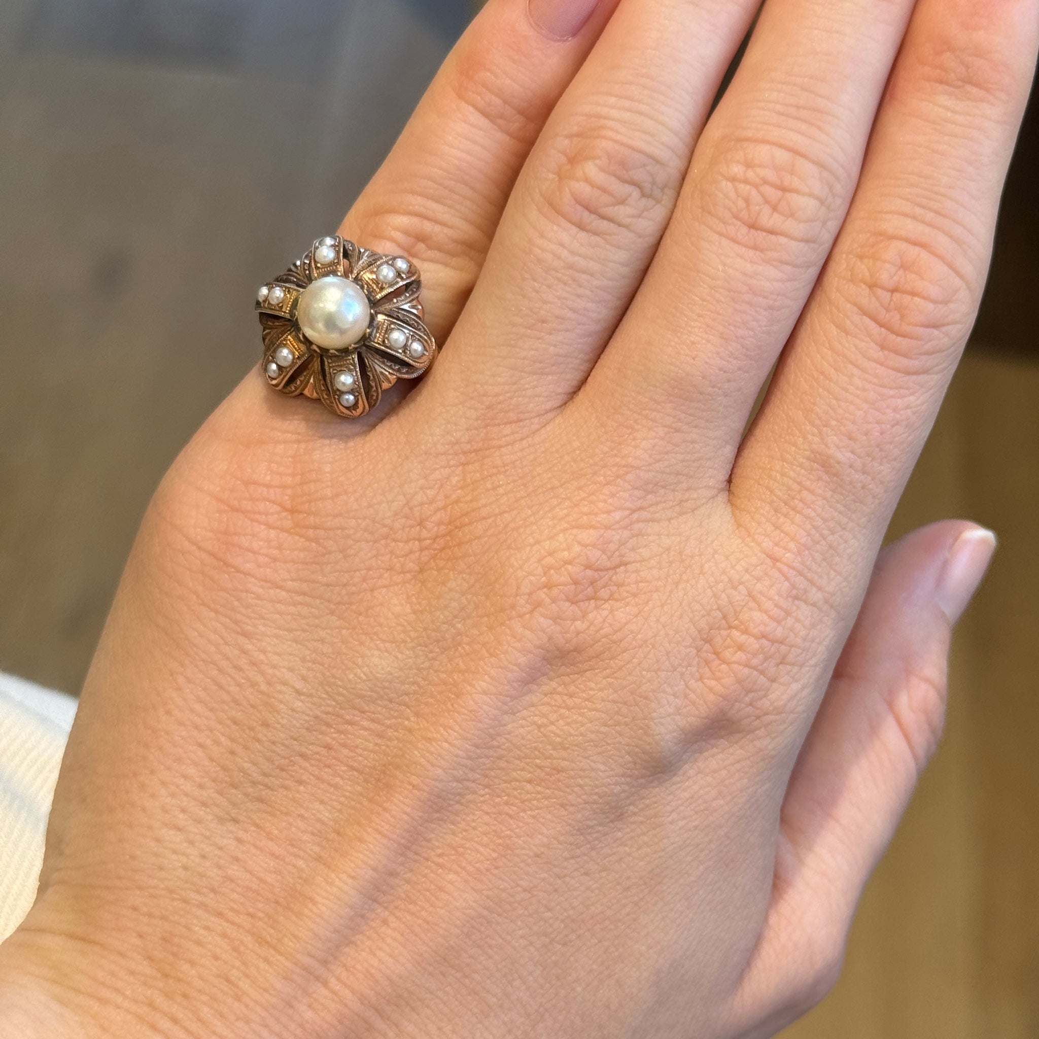 Estate Pearl 14K Rose Gold Bombe Cocktail Ring