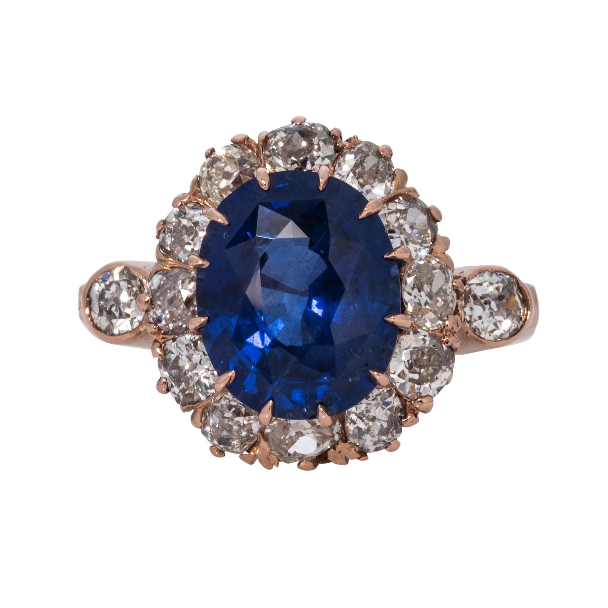 Victorian-Style 6.45ct Oval Sapphire & Diamond Cluster 14K Gold Ring