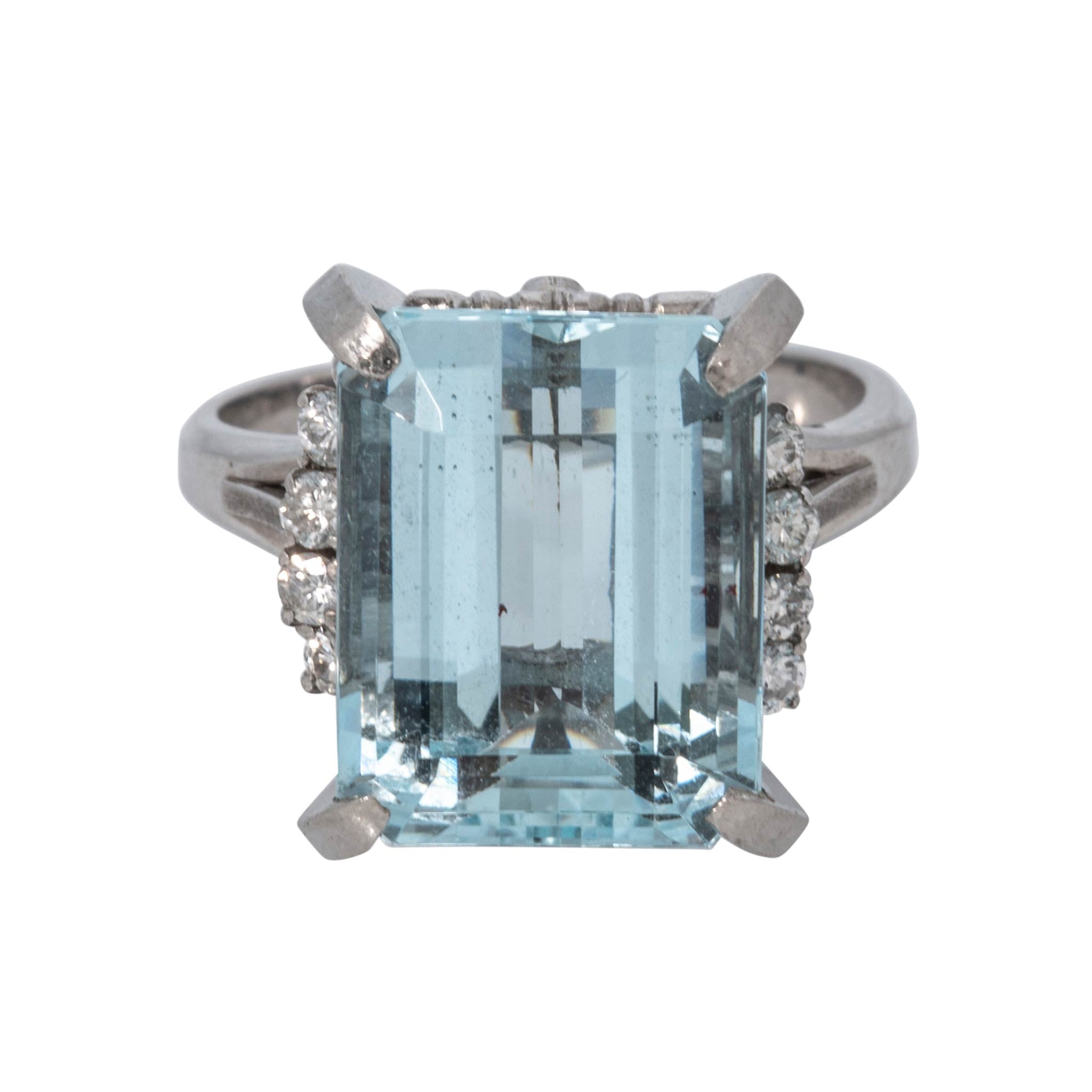 Vintage 9.26ct Emerald-Cut Aquamarine & Diamond Platinum Ring