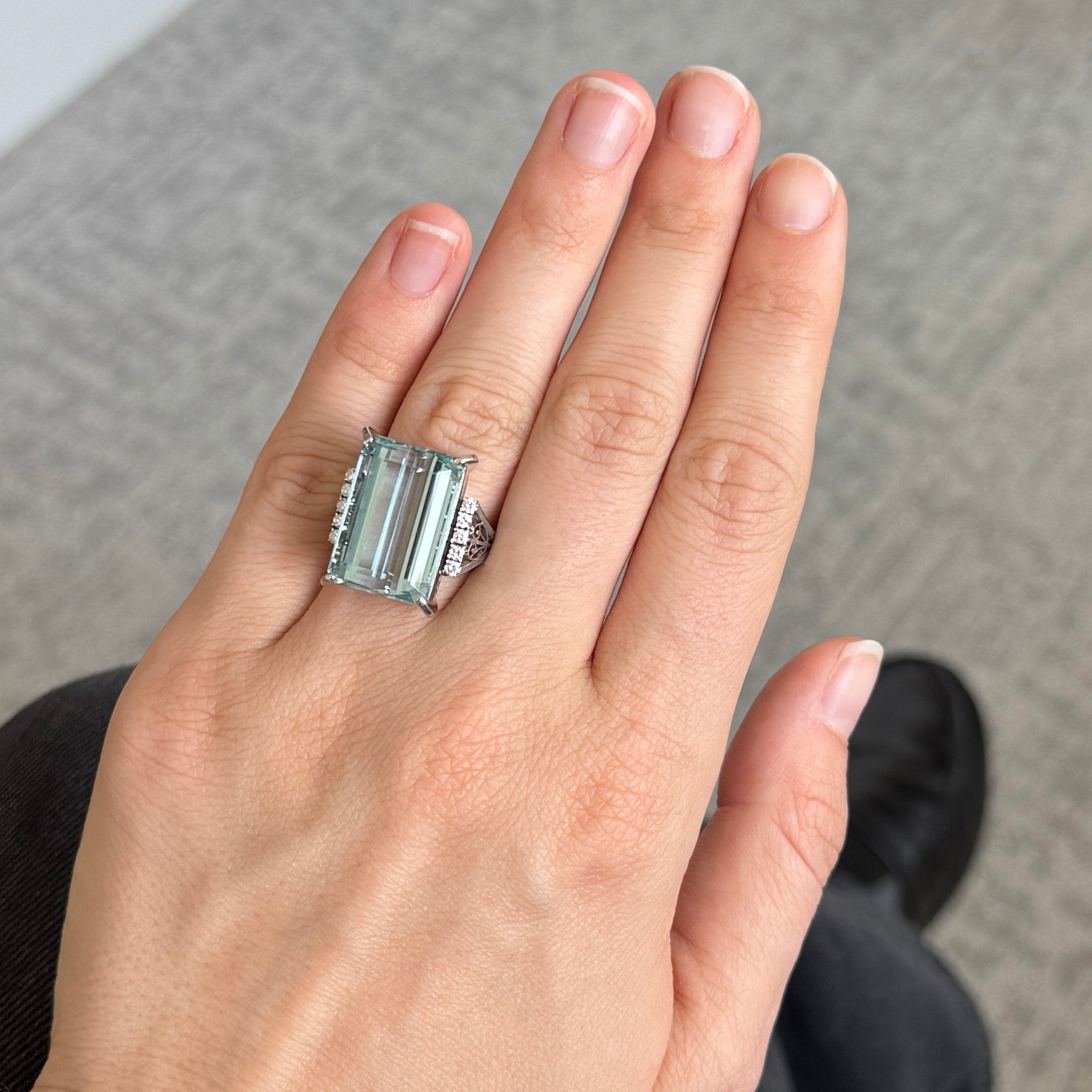 Vintage 18ct Emerald-Cut Aquamarine & Diamond Platinum Ring