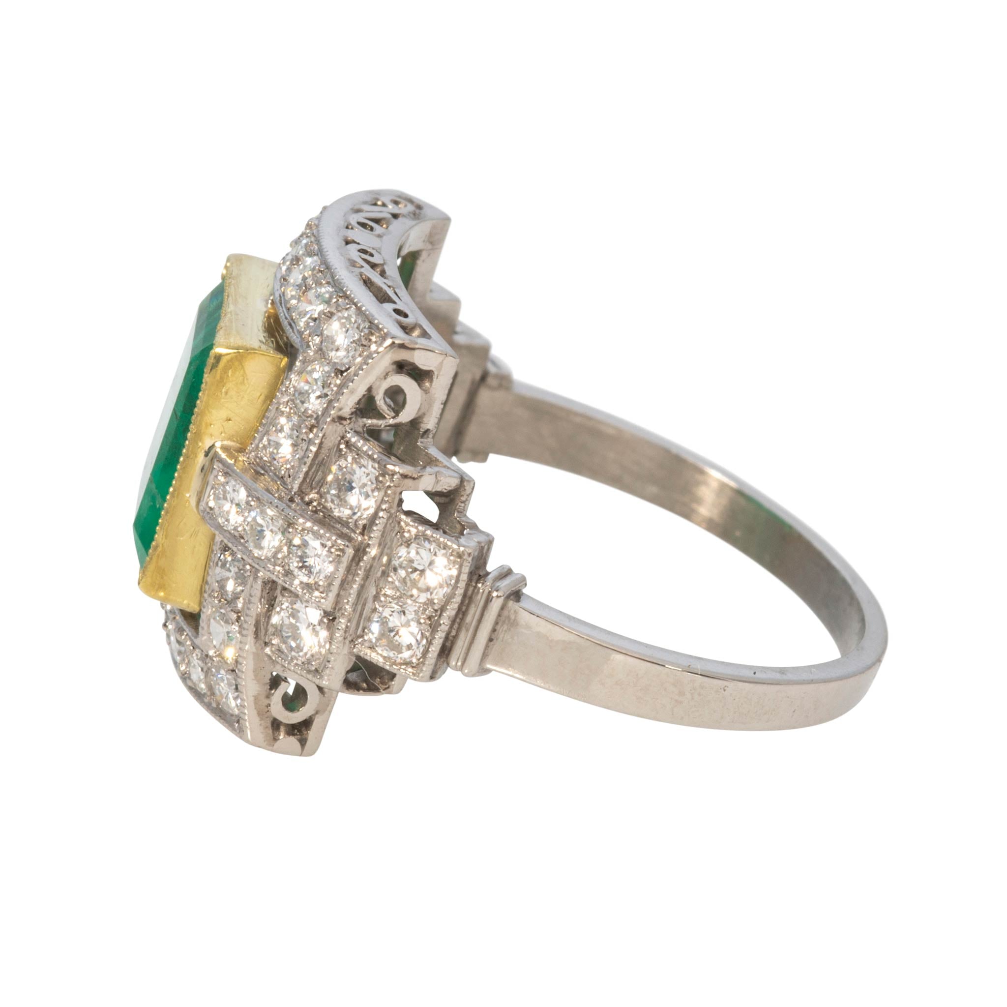 Art Deco Style 2ct Emerald Gold Bezel & Diamond Platinum Ring
