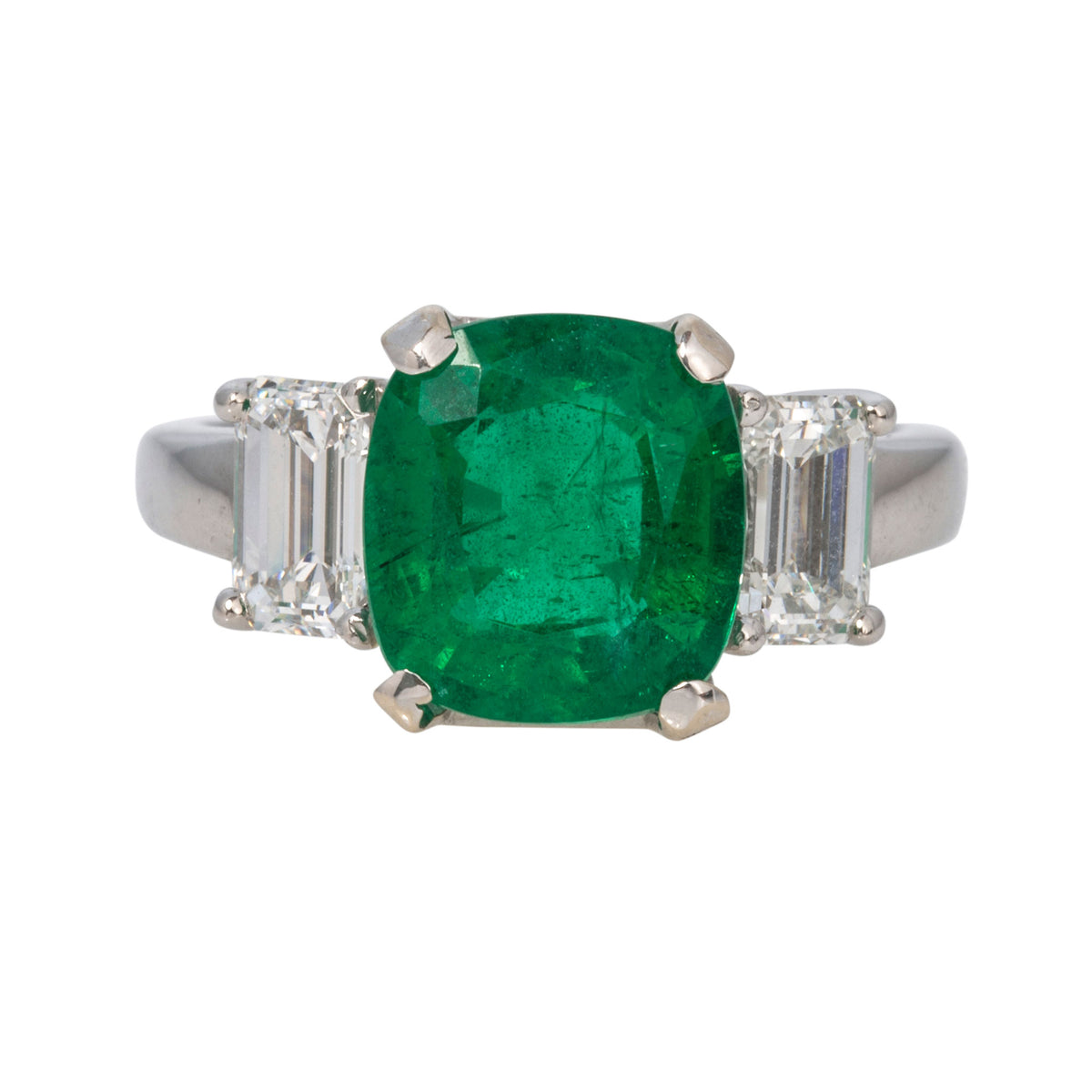 Estate 3.92ct Emerald & Diamond Three-Stone Platinum Ring