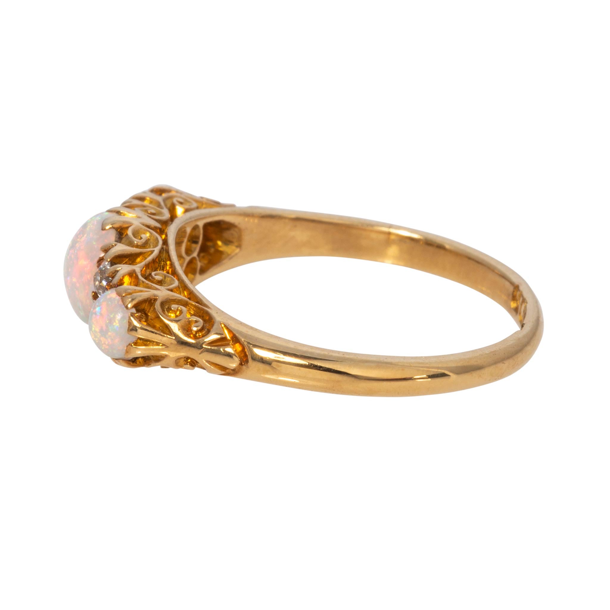 Victorian Round Opal 3-Stone & Diamond 18K Yellow Gold Ring