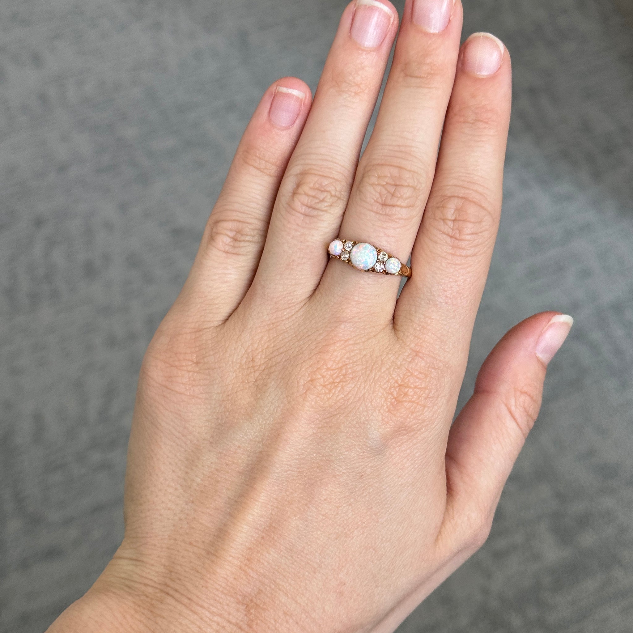 Victorian Round Opal 3-Stone & Diamond 18K Yellow Gold Ring
