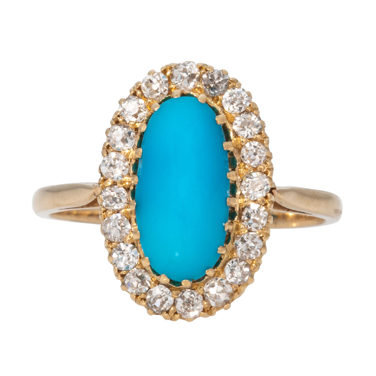 Victorian Oval Turquoise Cabochon & Diamond Halo 14K Gold Ring