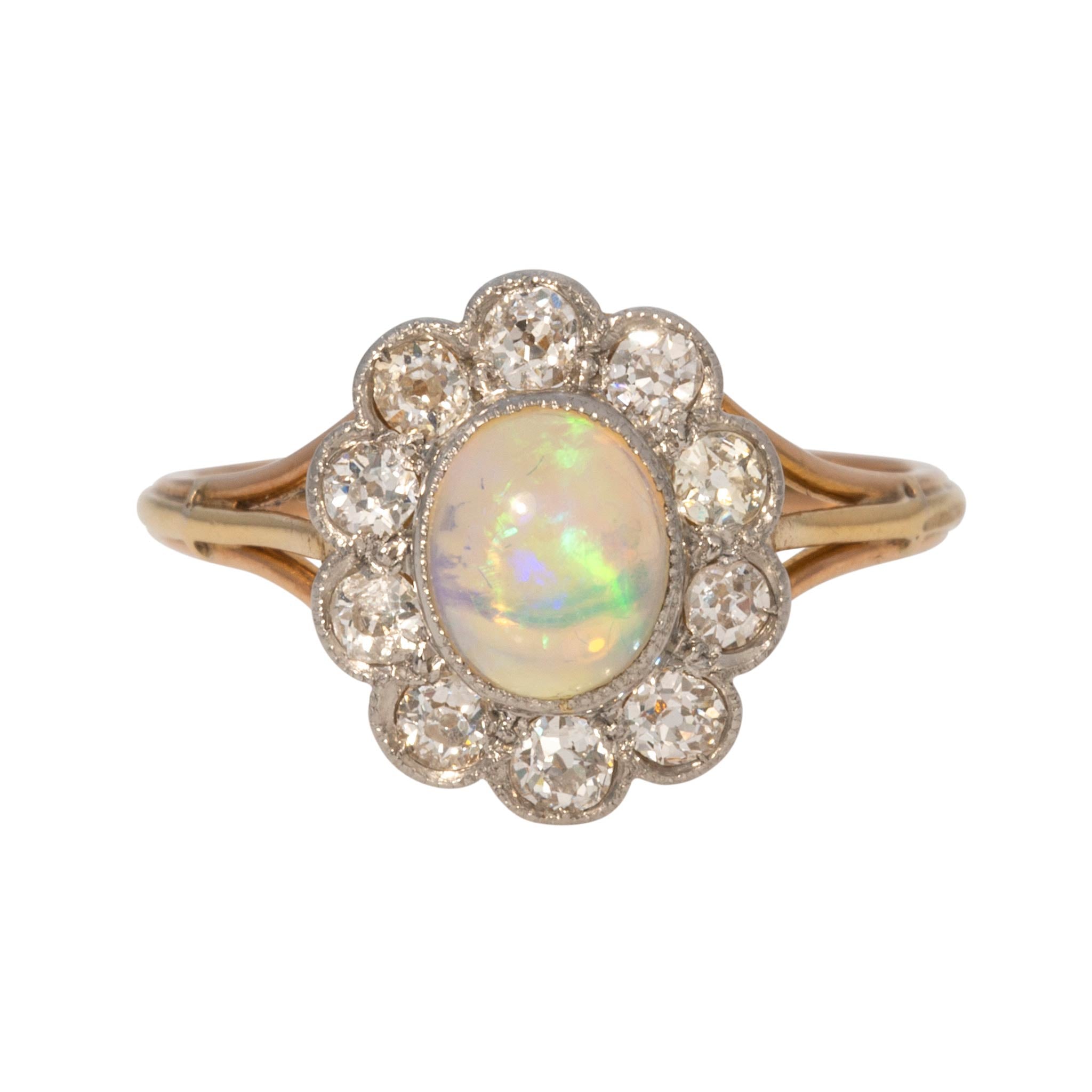 Edwardian 1.25ct Oval Opal & Diamond Scalloped Cluster Ring