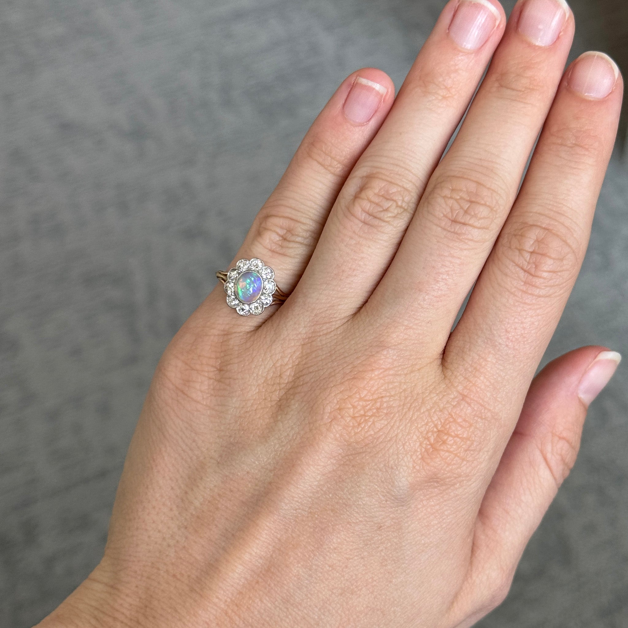 Edwardian 1.25ct Oval Opal & Diamond Scalloped Cluster Ring