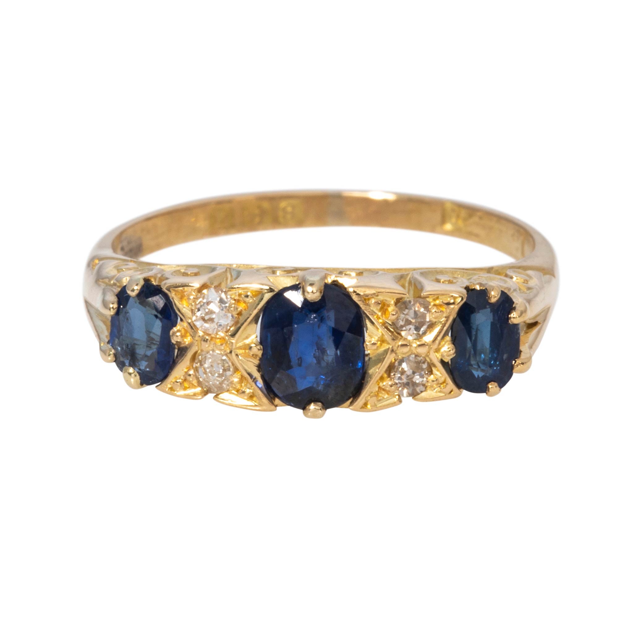 Victorian Three-Stone Sapphire & Diamond 18K Yellow Gold Ring