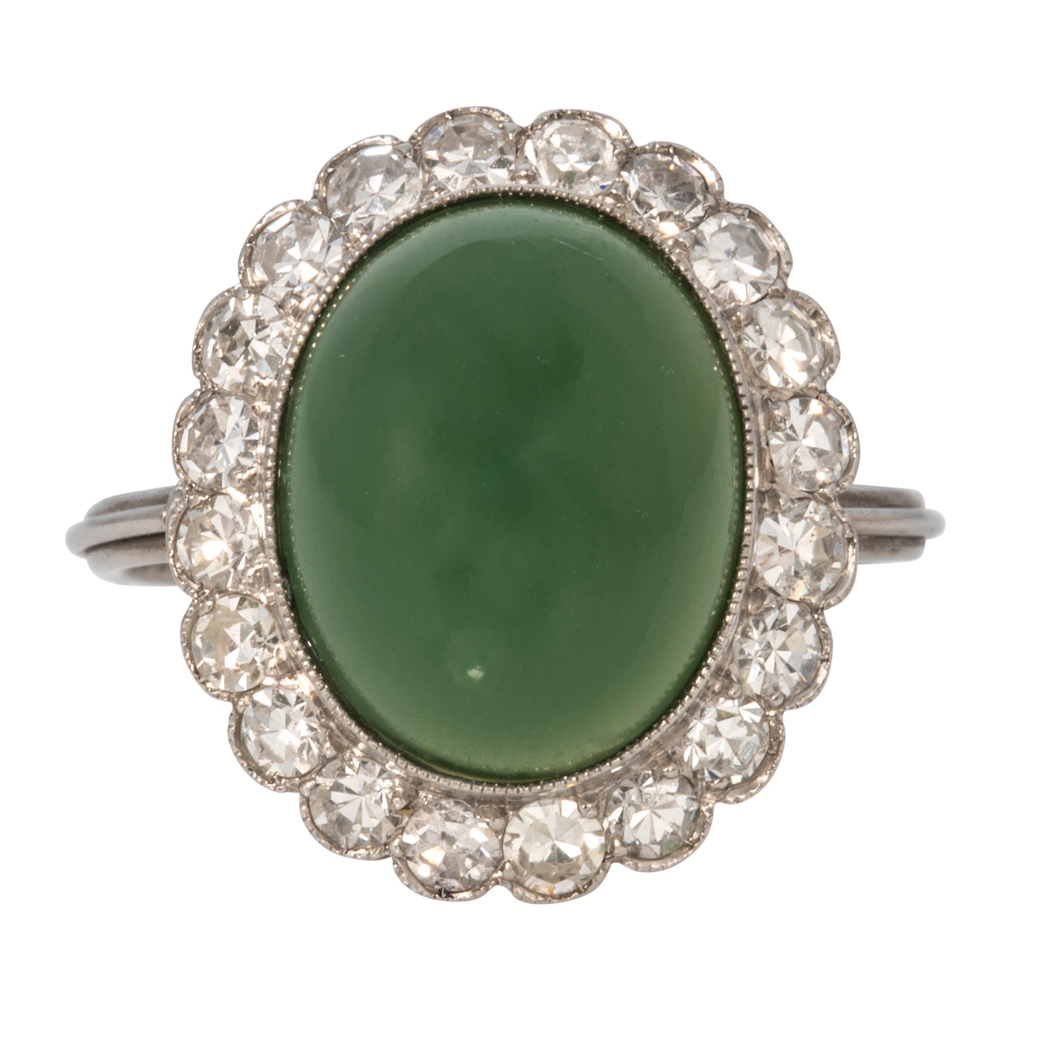Vintage Oval Cabochon Jade & Diamond Halo Platinum Ring