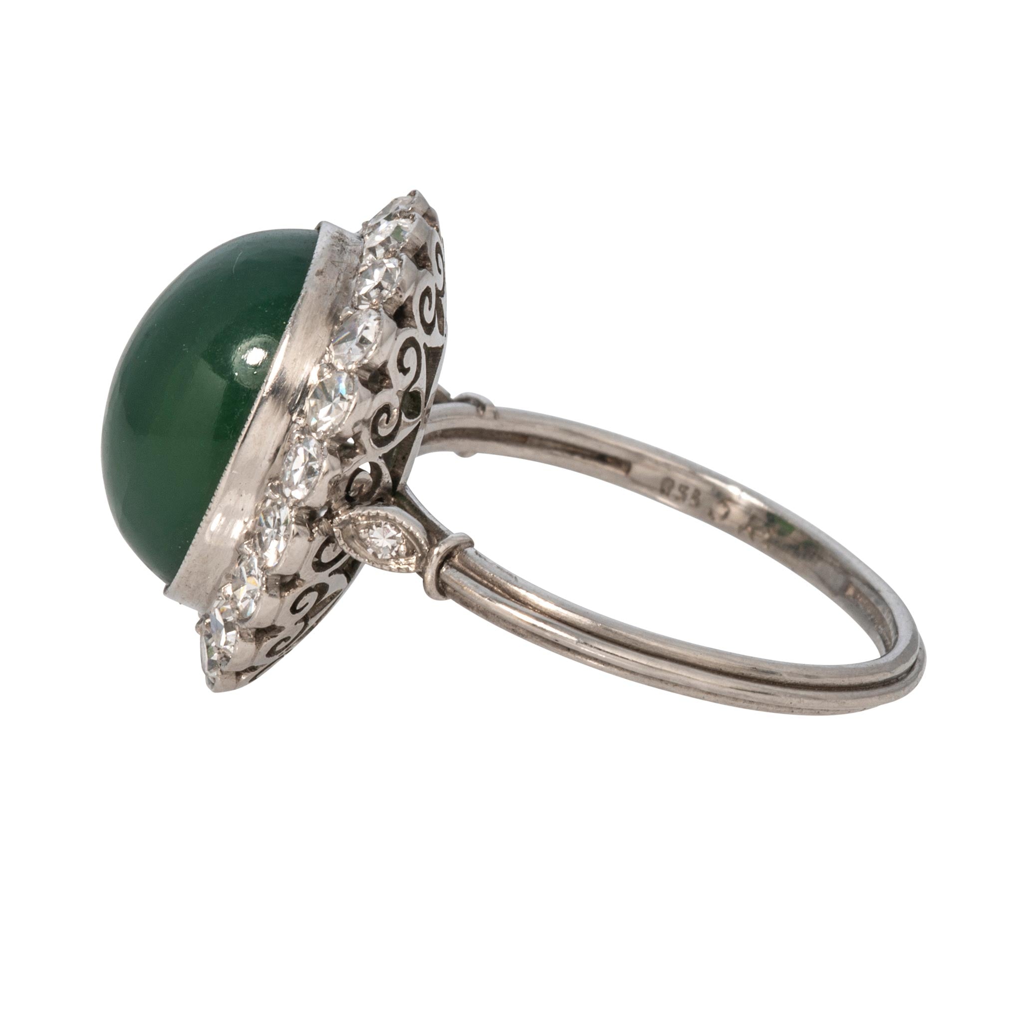 Vintage Oval Cabochon Jade & Diamond Halo Platinum Ring