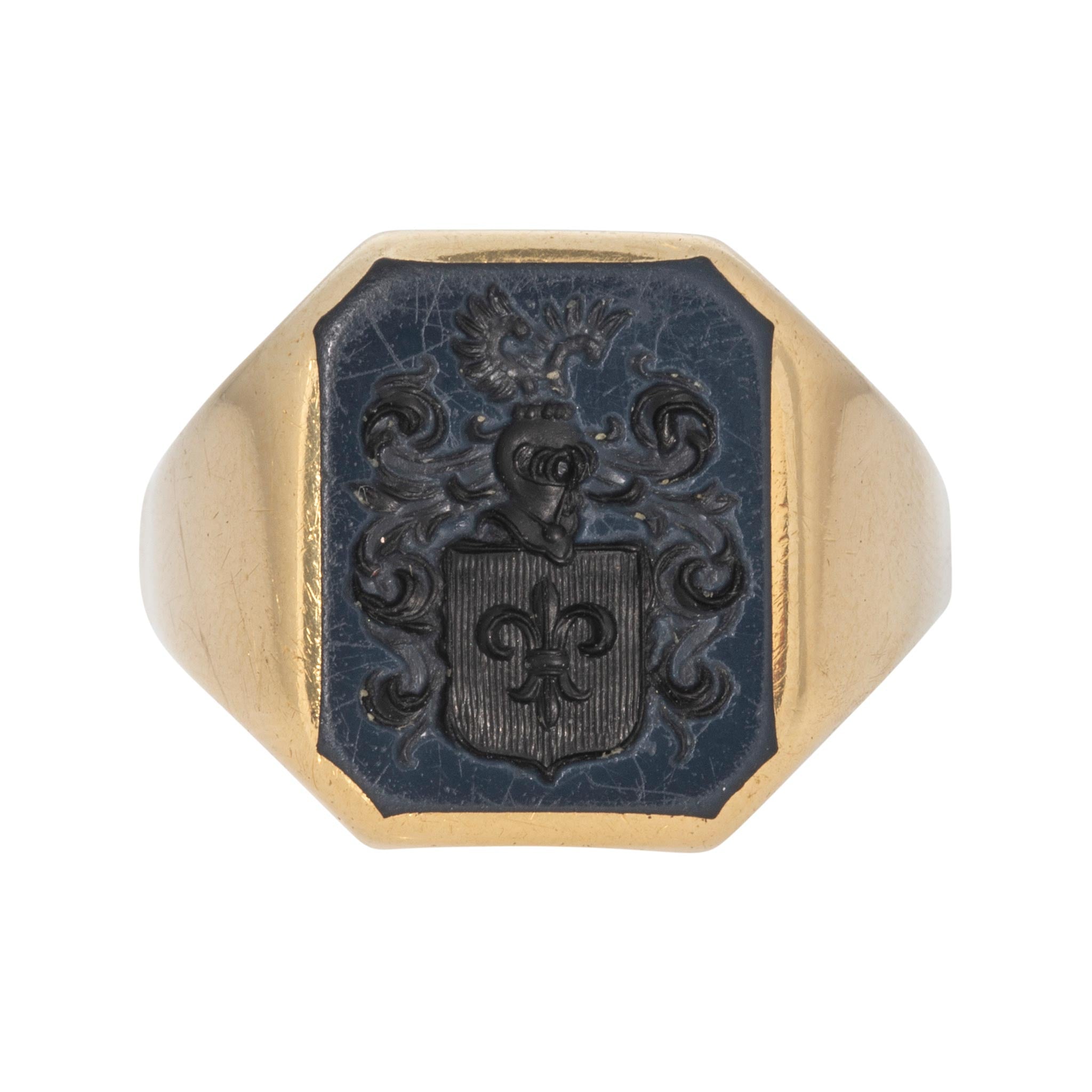 Vintage Onyx Intaglio Crest 14K Yellow Gold Signet Ring