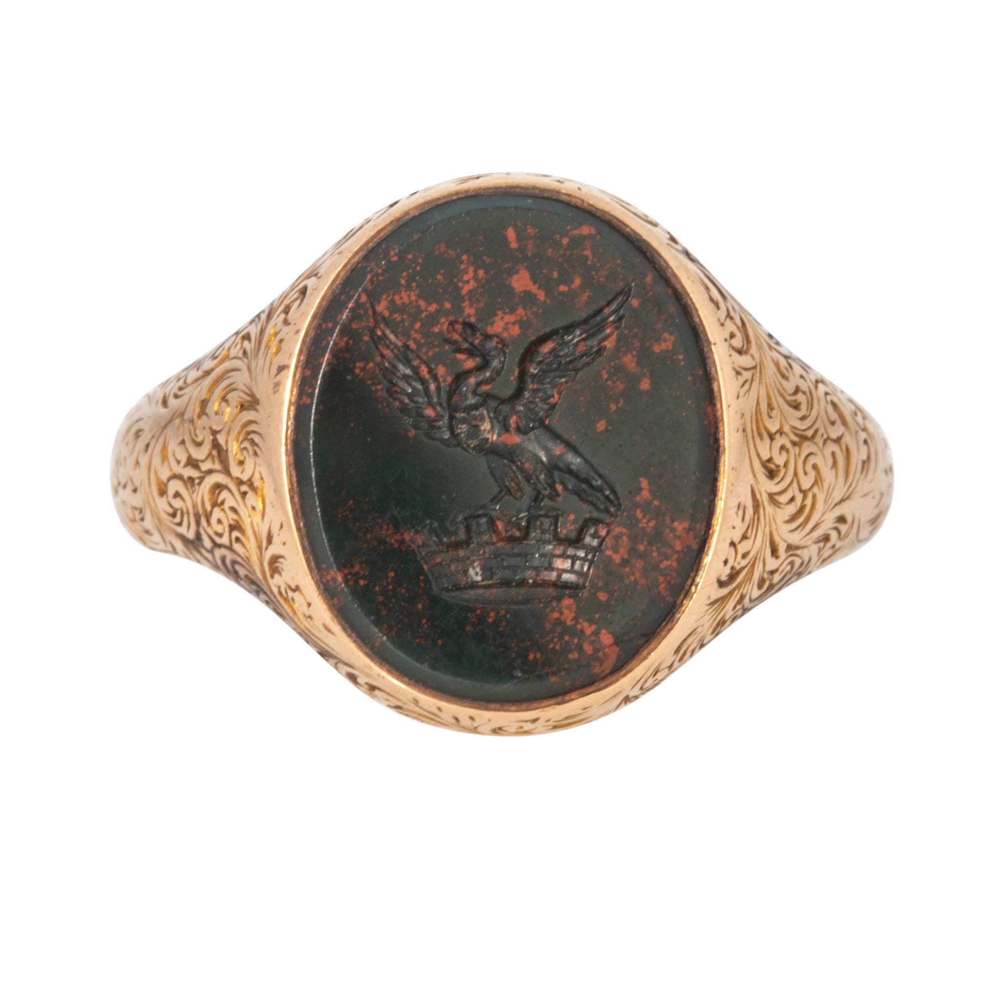 Victorian Bloodstone Intaglio Crest 14K Gold Oval Signet Ring