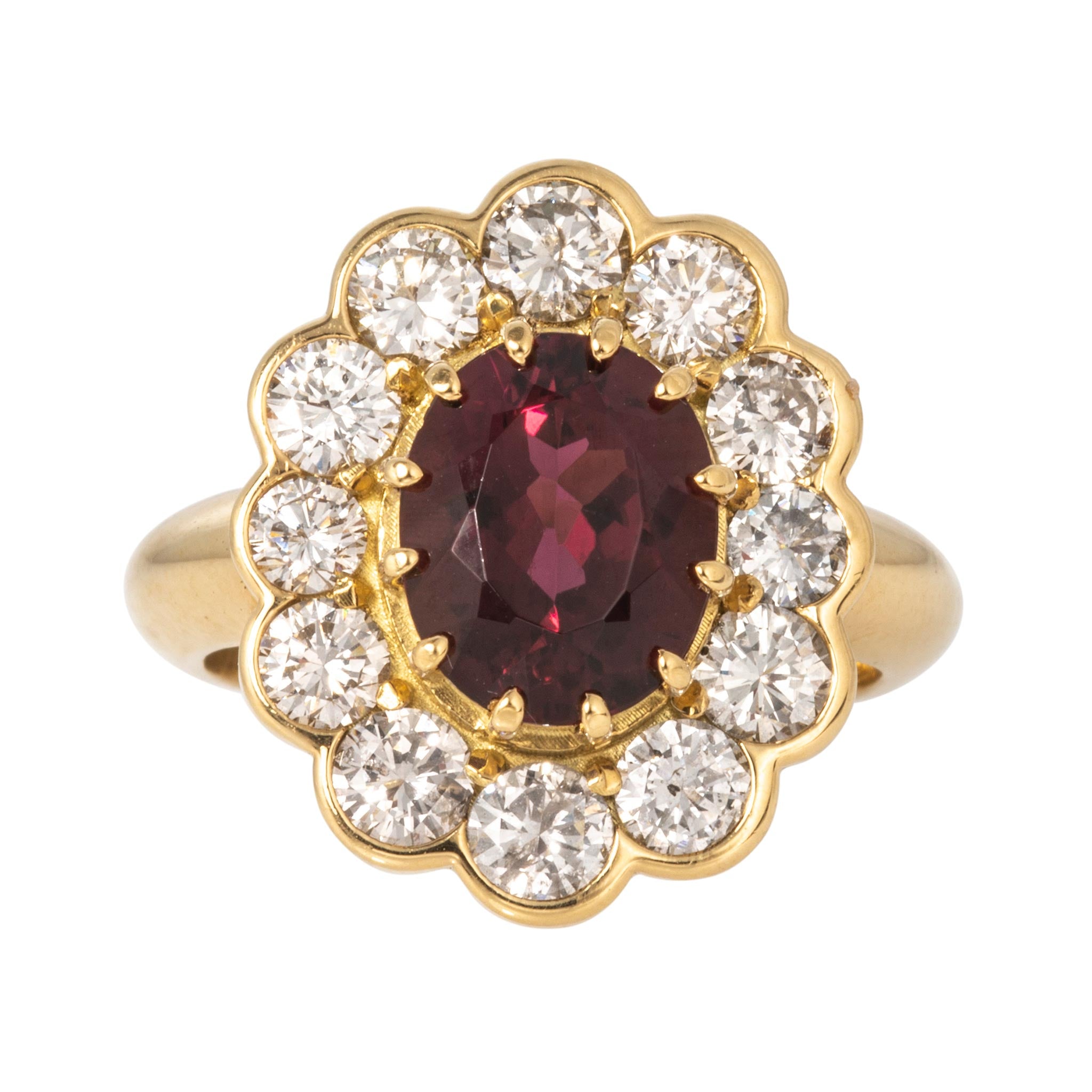 Estate 2ct Rubellite Tourmaline & Diamond Cluster 18K Yellow Gold Ring