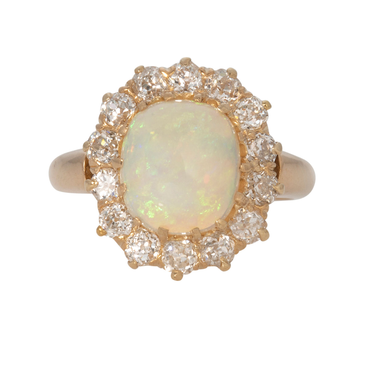 Estate Opal & Diamond Cluster 18K Yellow Gold Ring