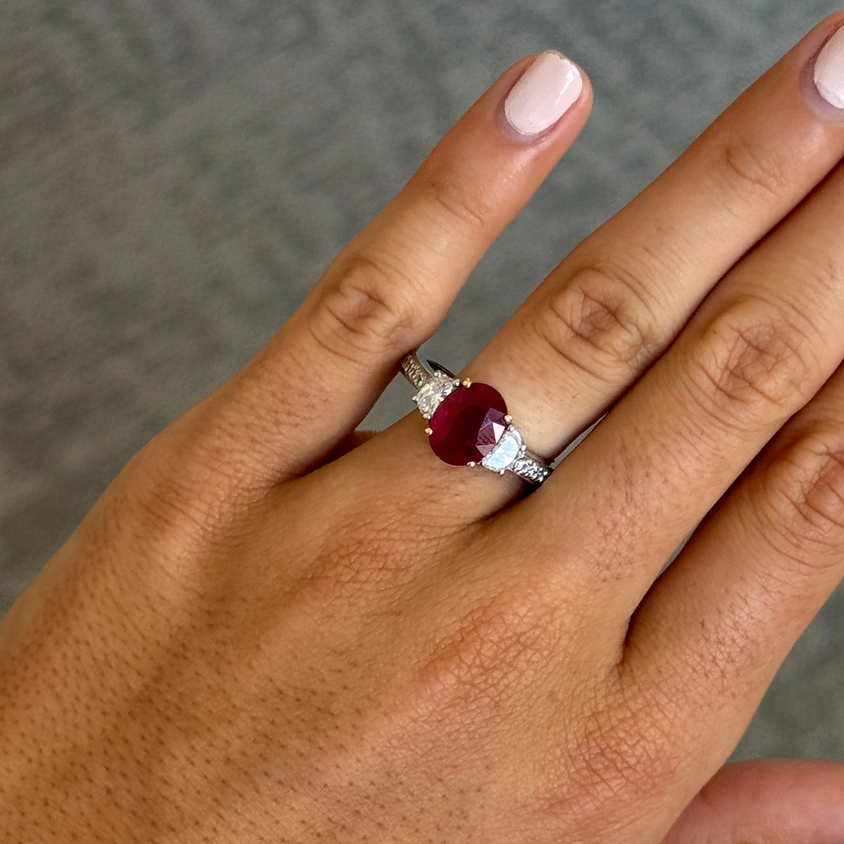 Estate 1.99ct Oval Ruby & Diamond 18K Gold Platinum Ring