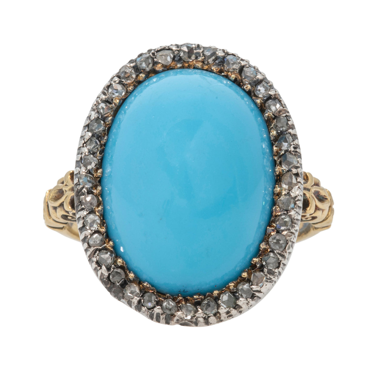 Edwardian Turquoise Cabochon & Old Mine Cut Diamond Ring