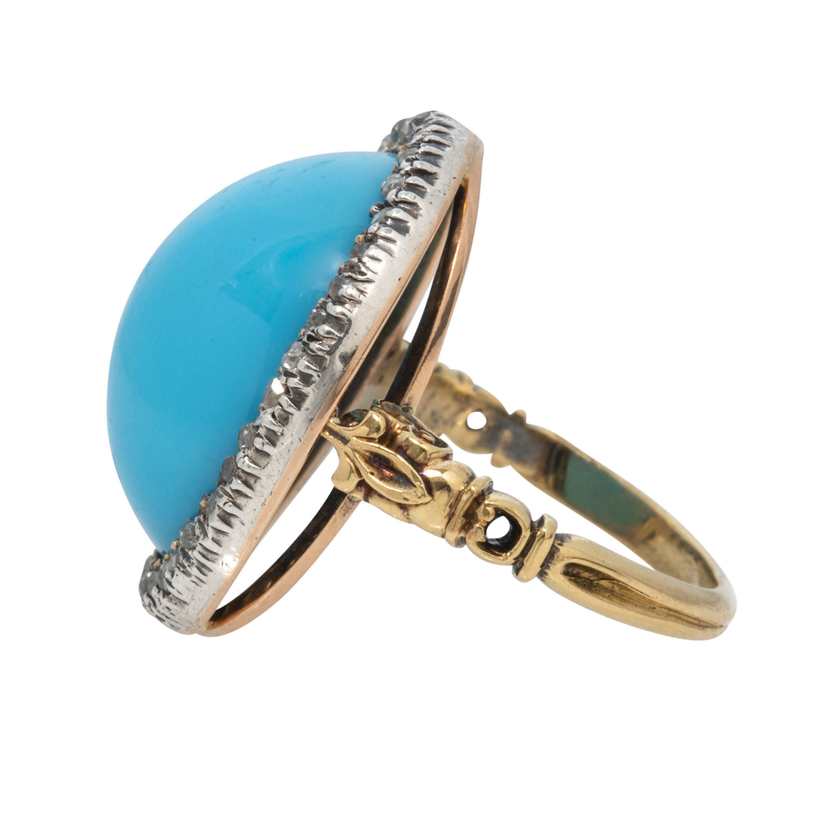 Edwardian Turquoise Cabochon & Old Mine Cut Diamond Ring