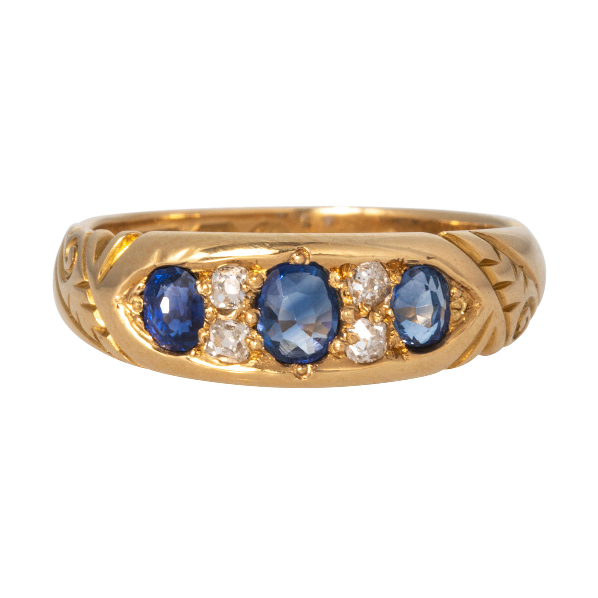 Victorian Sapphire Three-Stone & Diamond 18K Yellow Gold Ring
