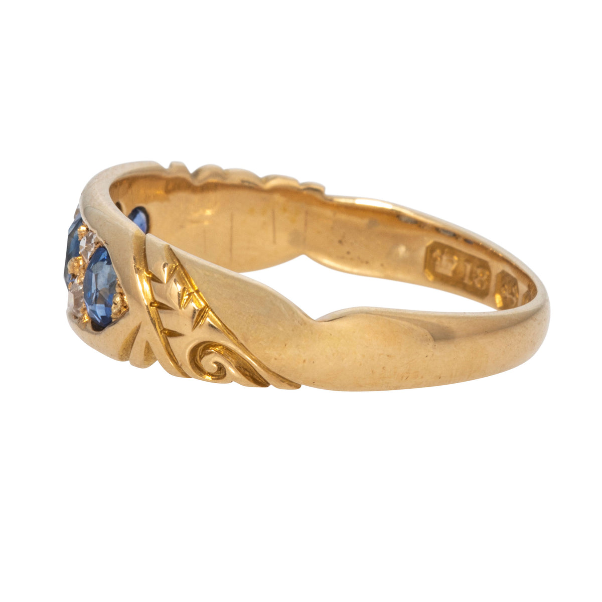 Victorian Sapphire Three-Stone & Diamond 18K Yellow Gold Ring