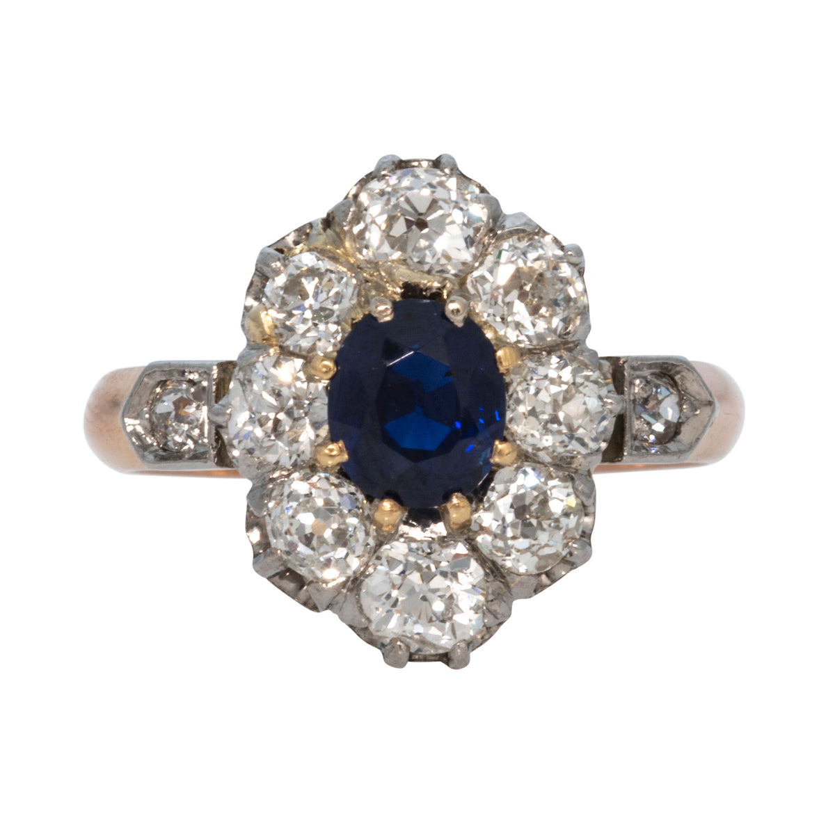 Victorian Oval Sapphire & Diamond Cluster 18K Rose Gold Ring