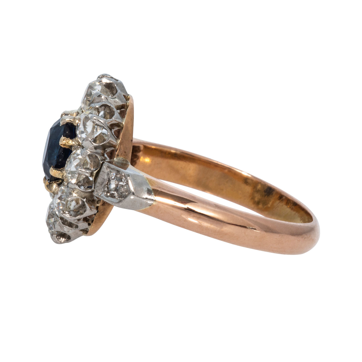 Victorian Oval Sapphire & Diamond Cluster 18K Rose Gold Ring