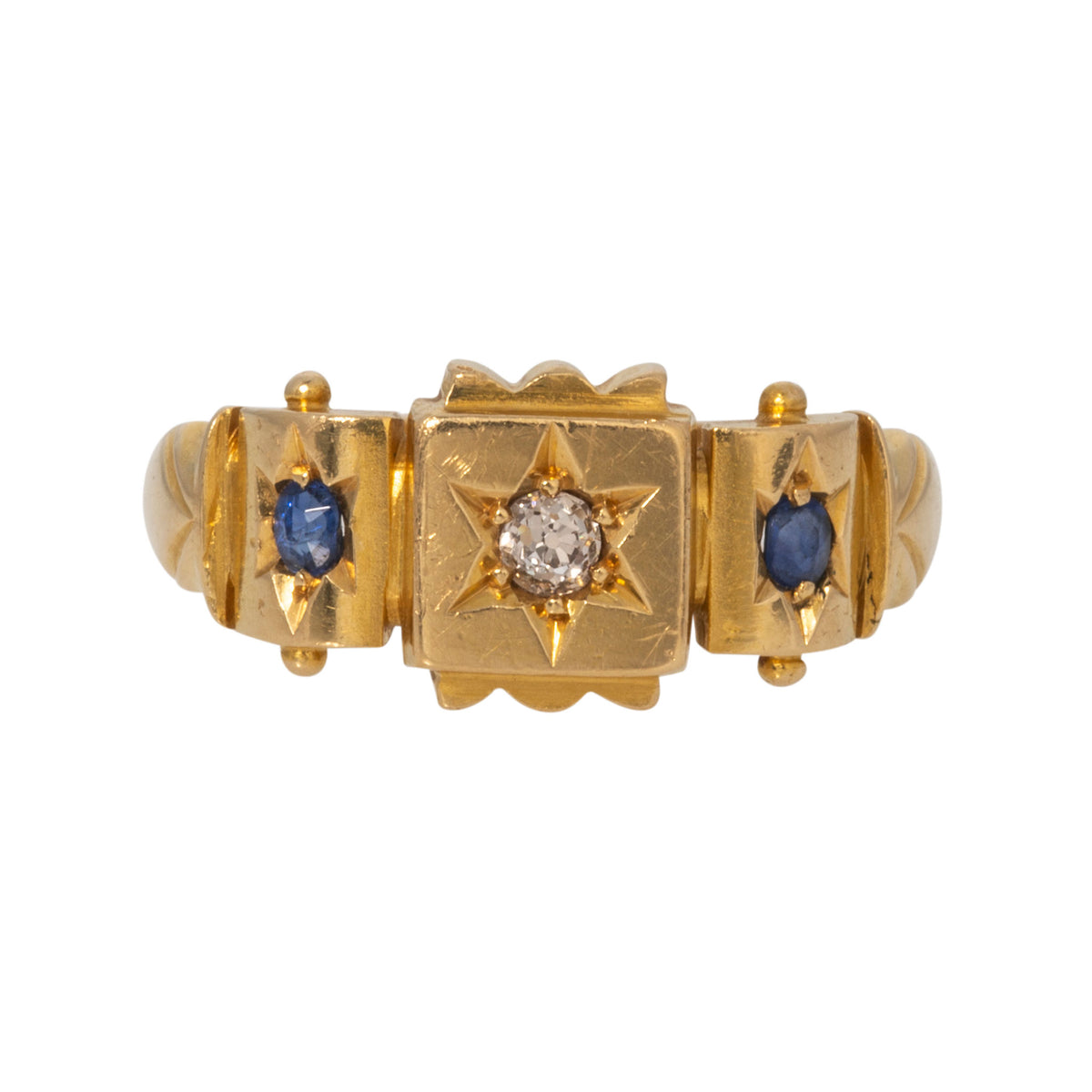 Victorian Three-Stone Sapphire & Diamond 18K Yellow Gold Ring
