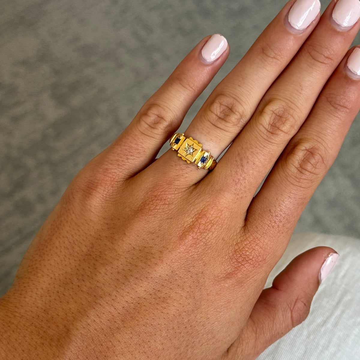 Victorian Three-Stone Sapphire & Diamond 18K Yellow Gold Ring