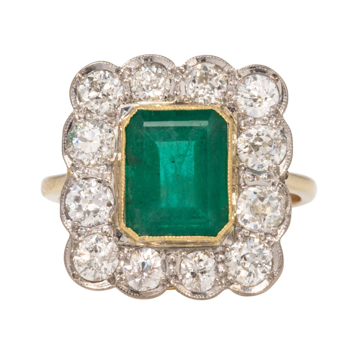 Edwardian Style Emerald & Diamond Cluster 14K Gold Ring