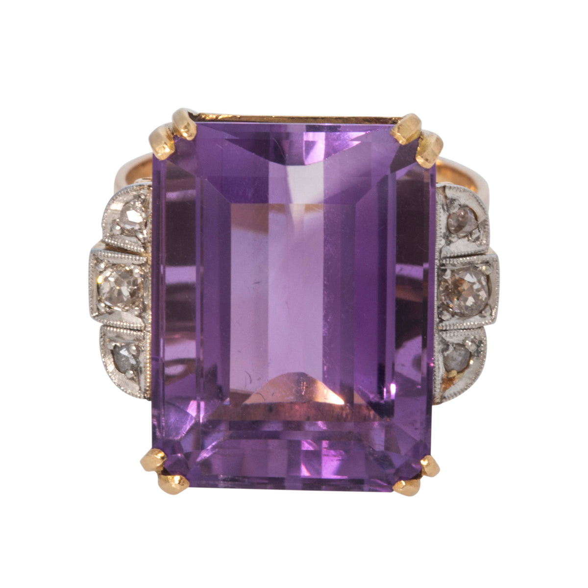 Vintage 14ct Emerald-Cut Amethyst & Diamond 14K Gold Ring