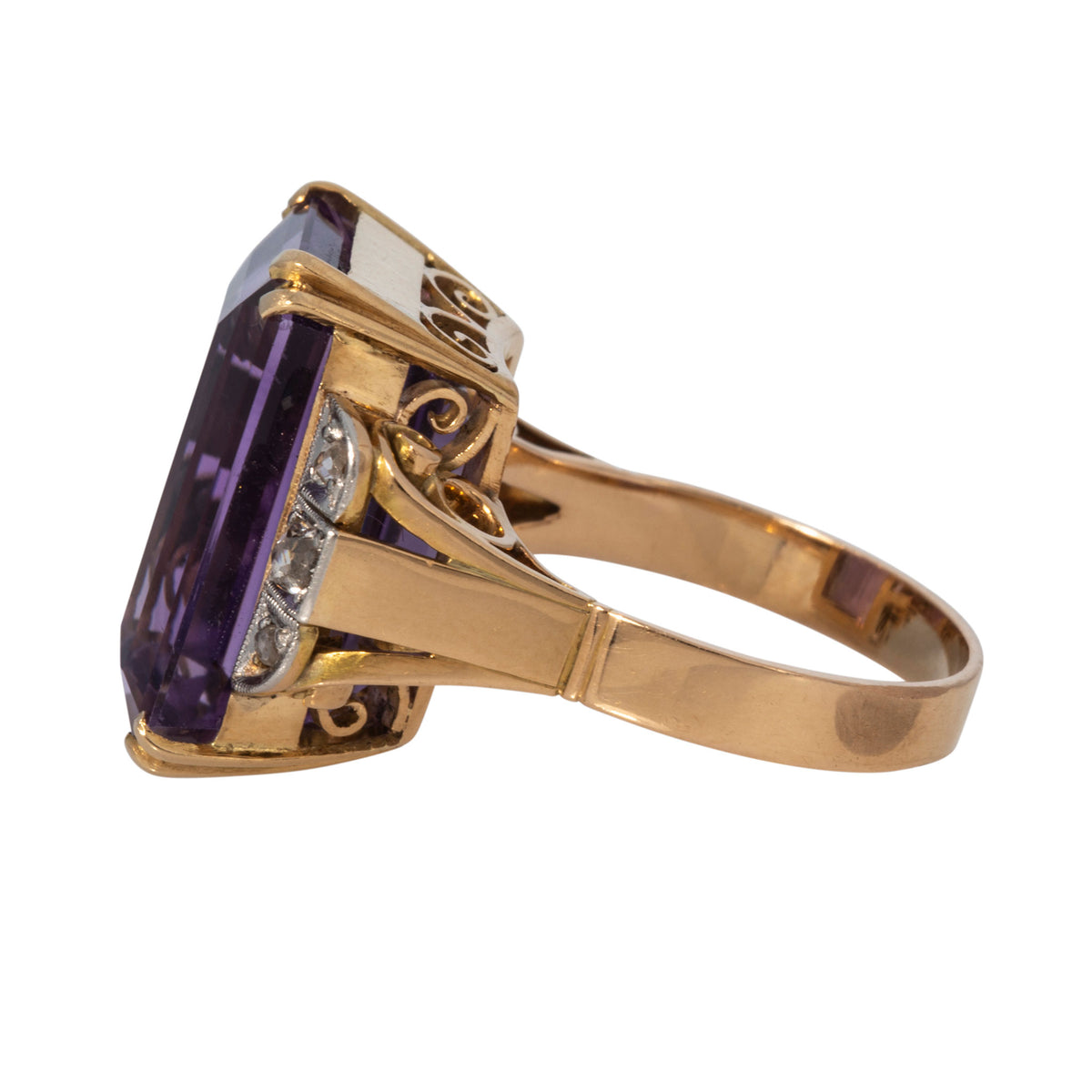 Vintage 14ct Emerald-Cut Amethyst & Diamond 14K Gold Ring