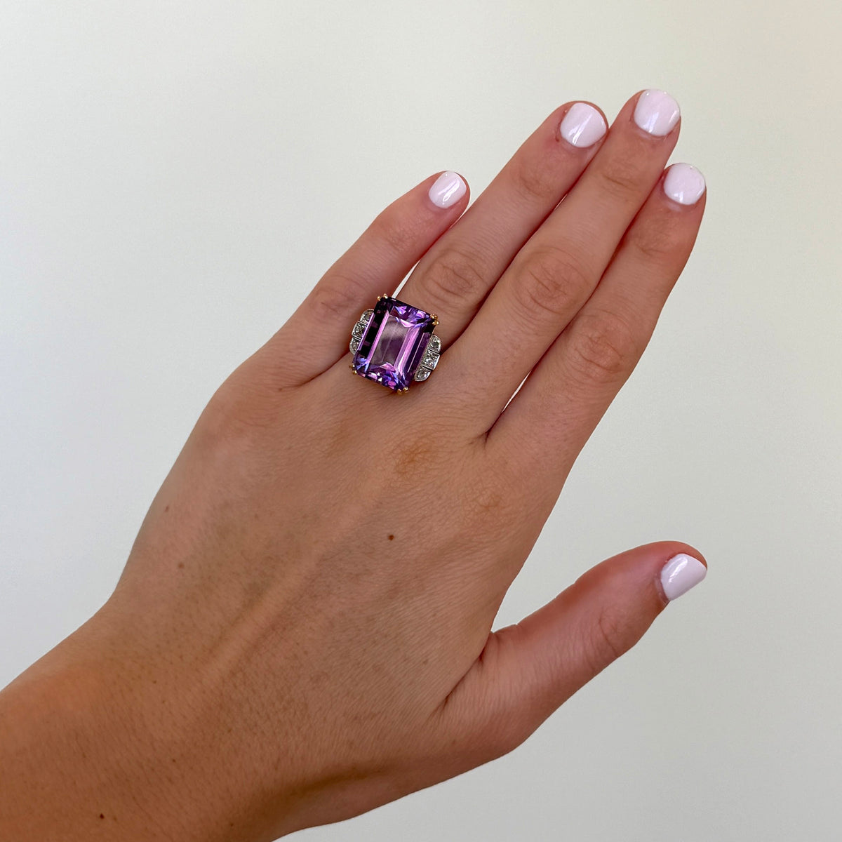 Vintage 14ct Emerald-Cut Amethyst & Diamond 14K Gold Ring
