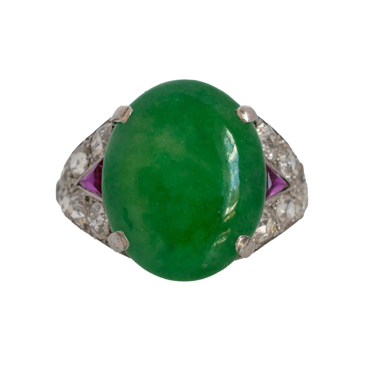 Art Deco-style platinum ring with an oval green jadeite cabochon, Old Mine cut diamonds and triangular ruby accents.
