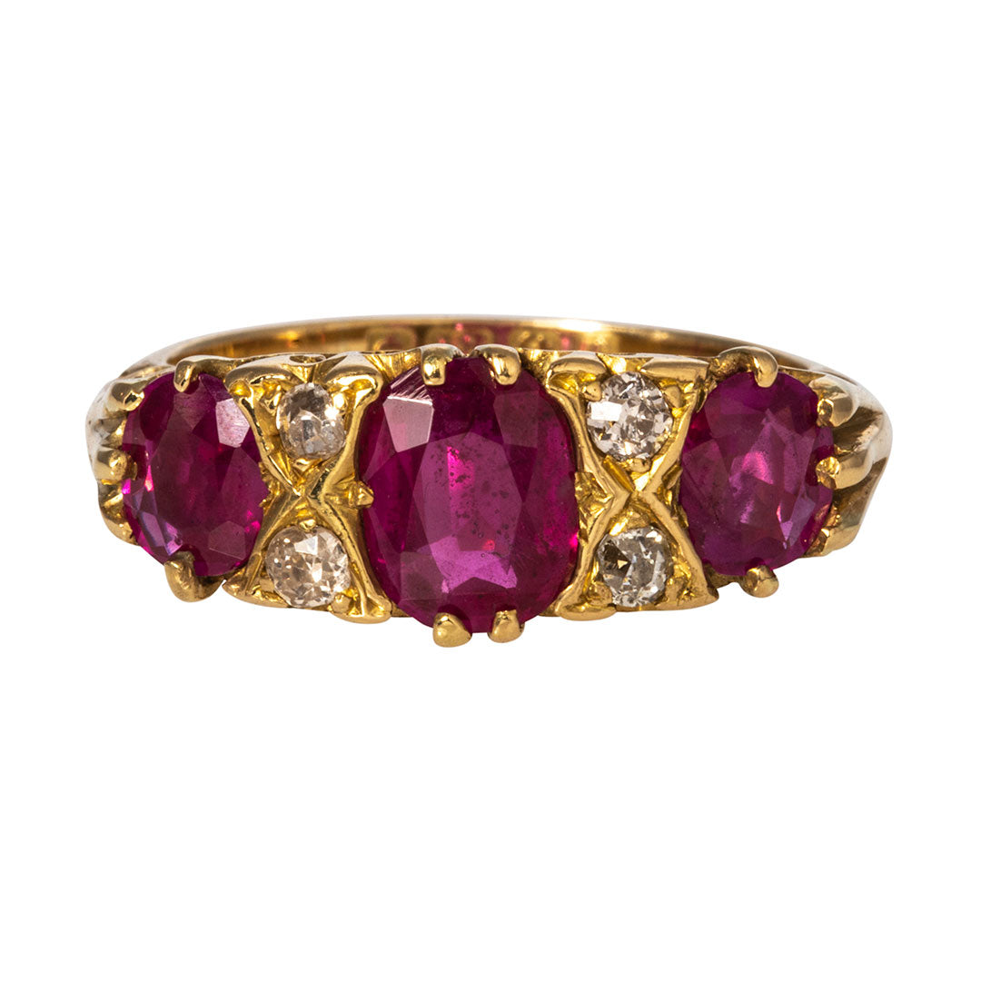 Victorian 3 Stone Ruby & Diamond 18K Gold Ring