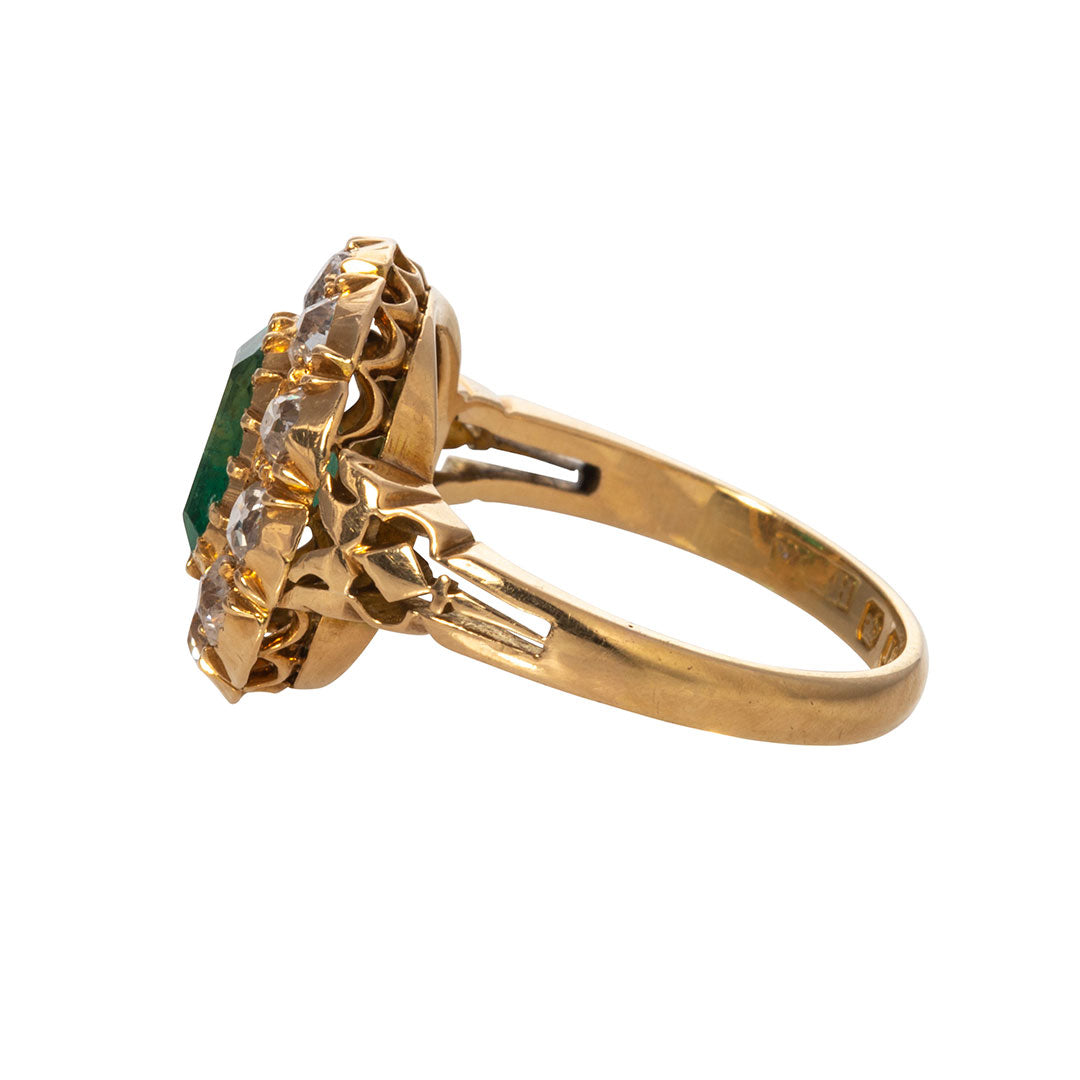 Georgian 1.22ct Emerald & Diamond Cluster 18K Gold Ring