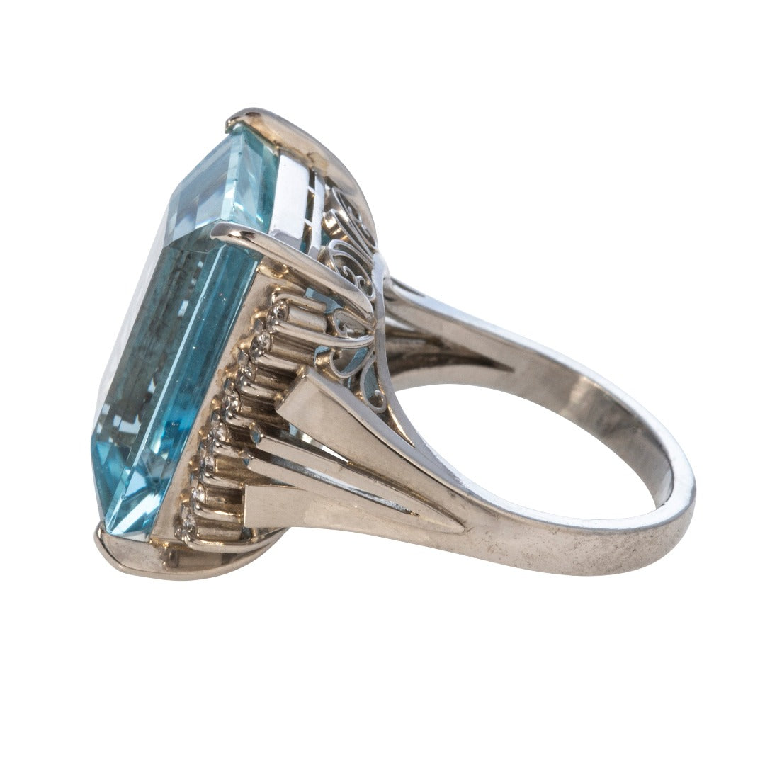 Estate 16ct Emerald Cut Aquamarine & Diamond Platinum Ring