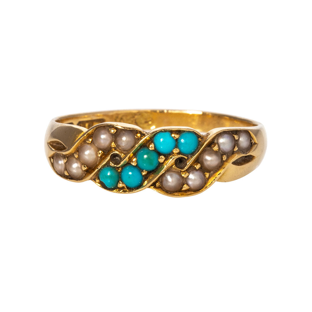 Victorian Turquoise & Seed Pearl 18K Yellow Gold Ring