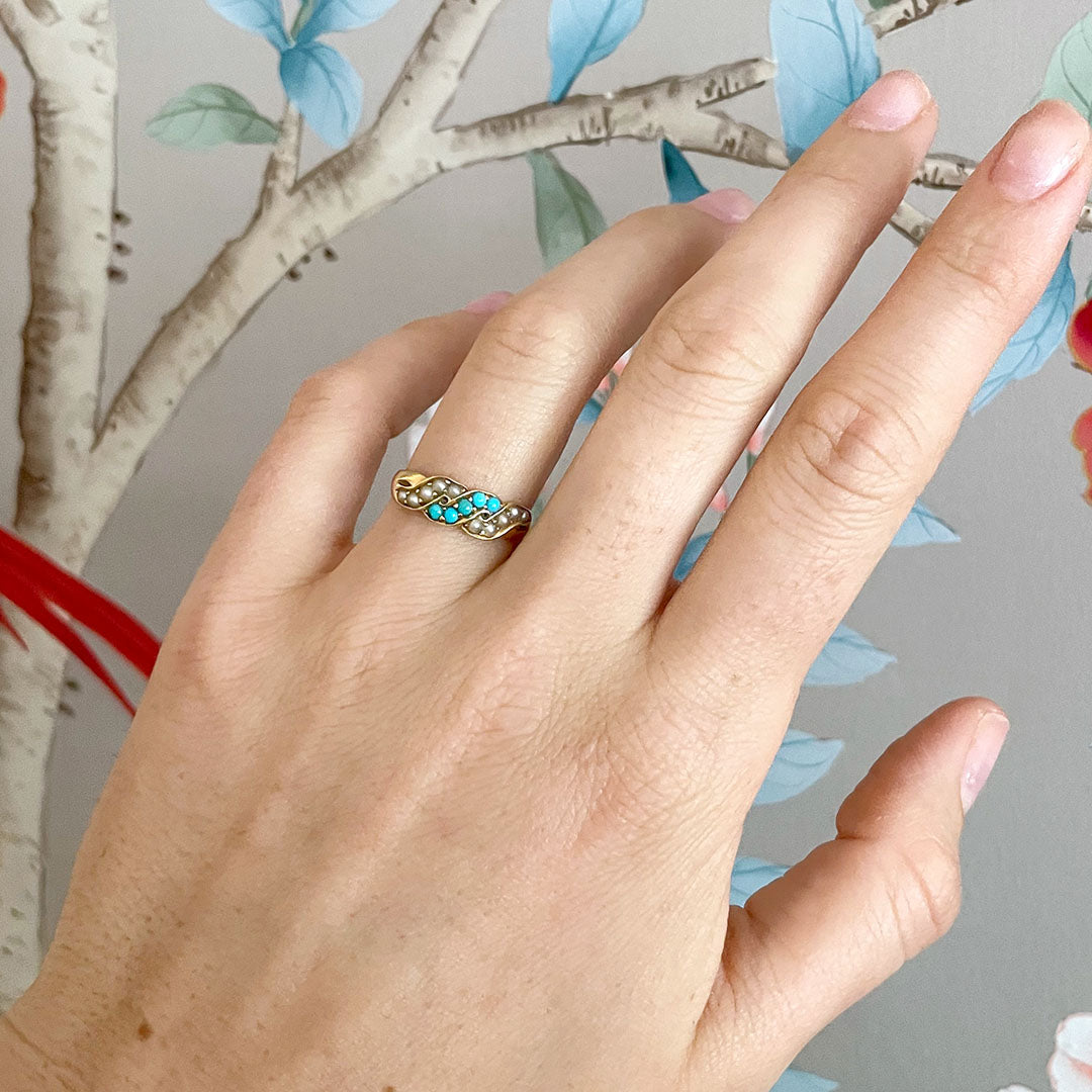 Victorian Turquoise & Seed Pearl 18K Yellow Gold Ring
