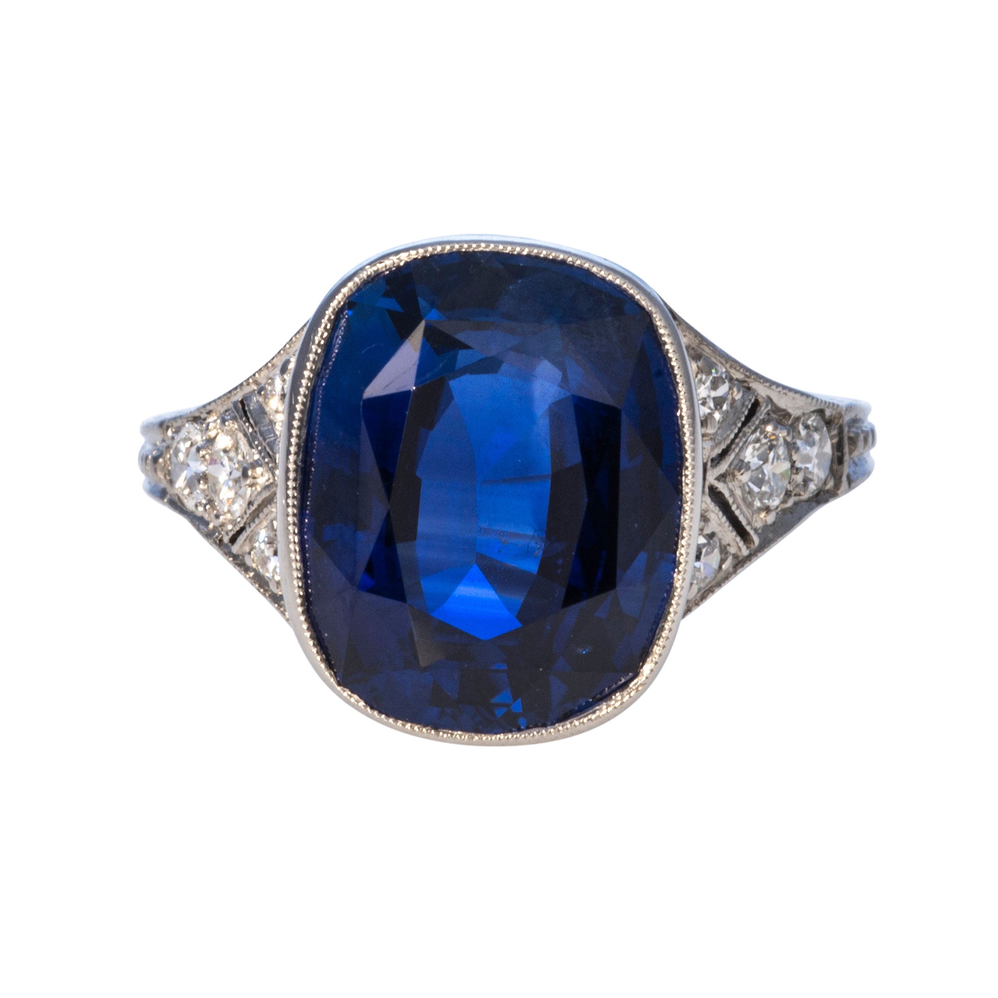 Art Deco 5.76ct Cushion Sapphire & Diamond Filigree Platinum Ring