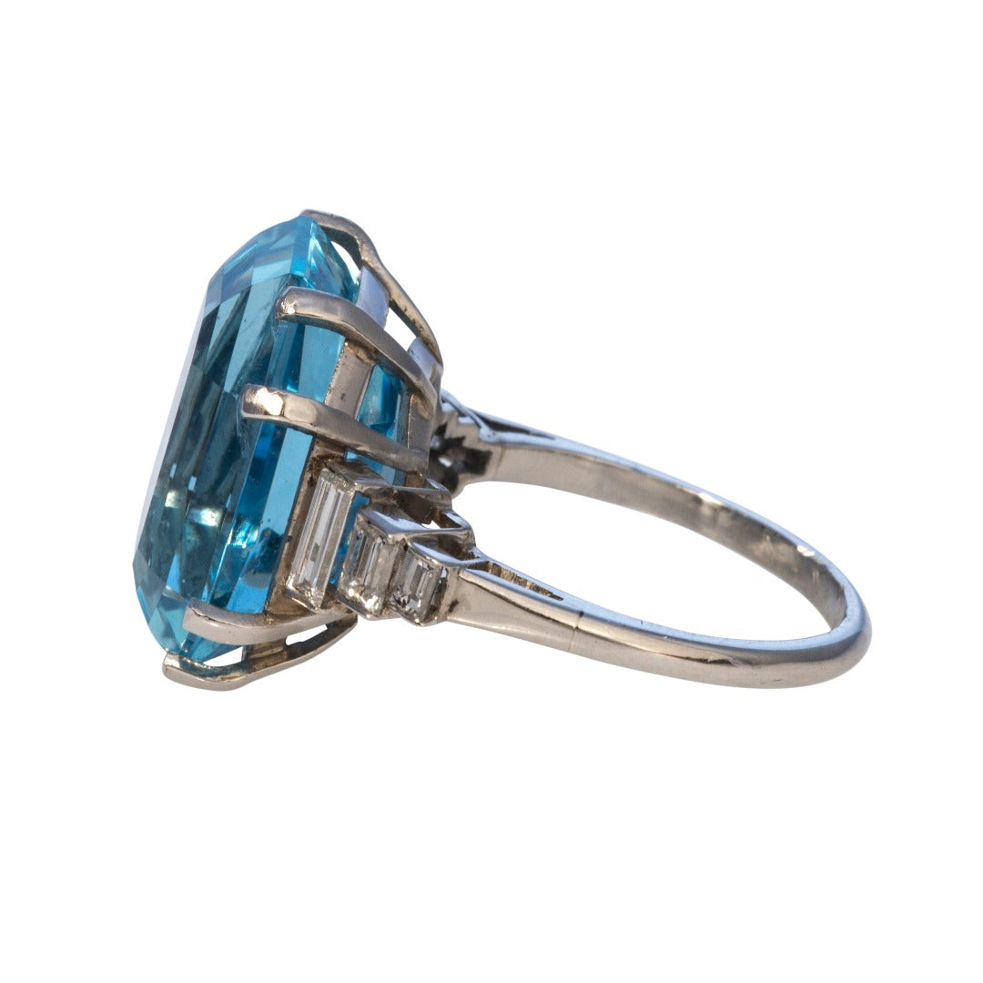 Estate 14ct Emerald Cut Aquamarine & Diamond Platinum Ring