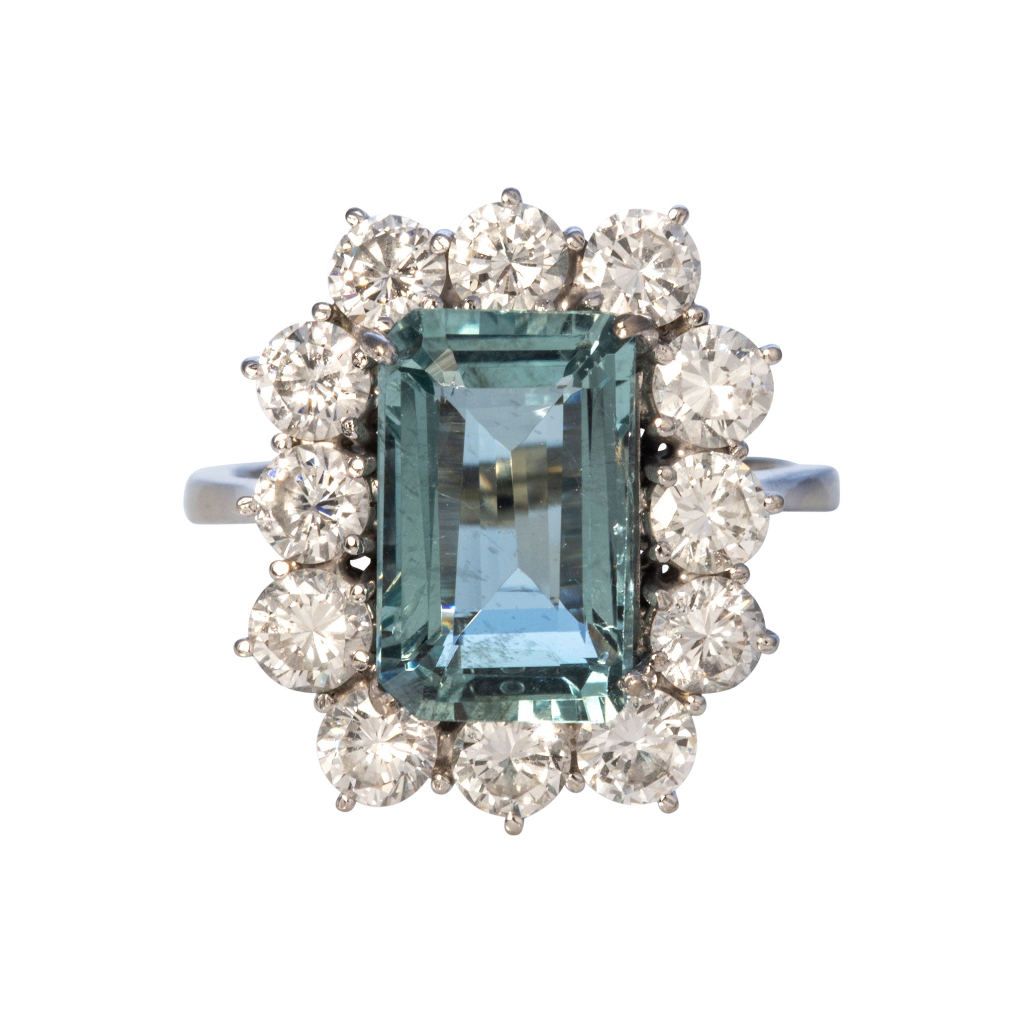 Estate 3.5ct Emerald Cut Aquamarine & Diamond 18K Gold Ring