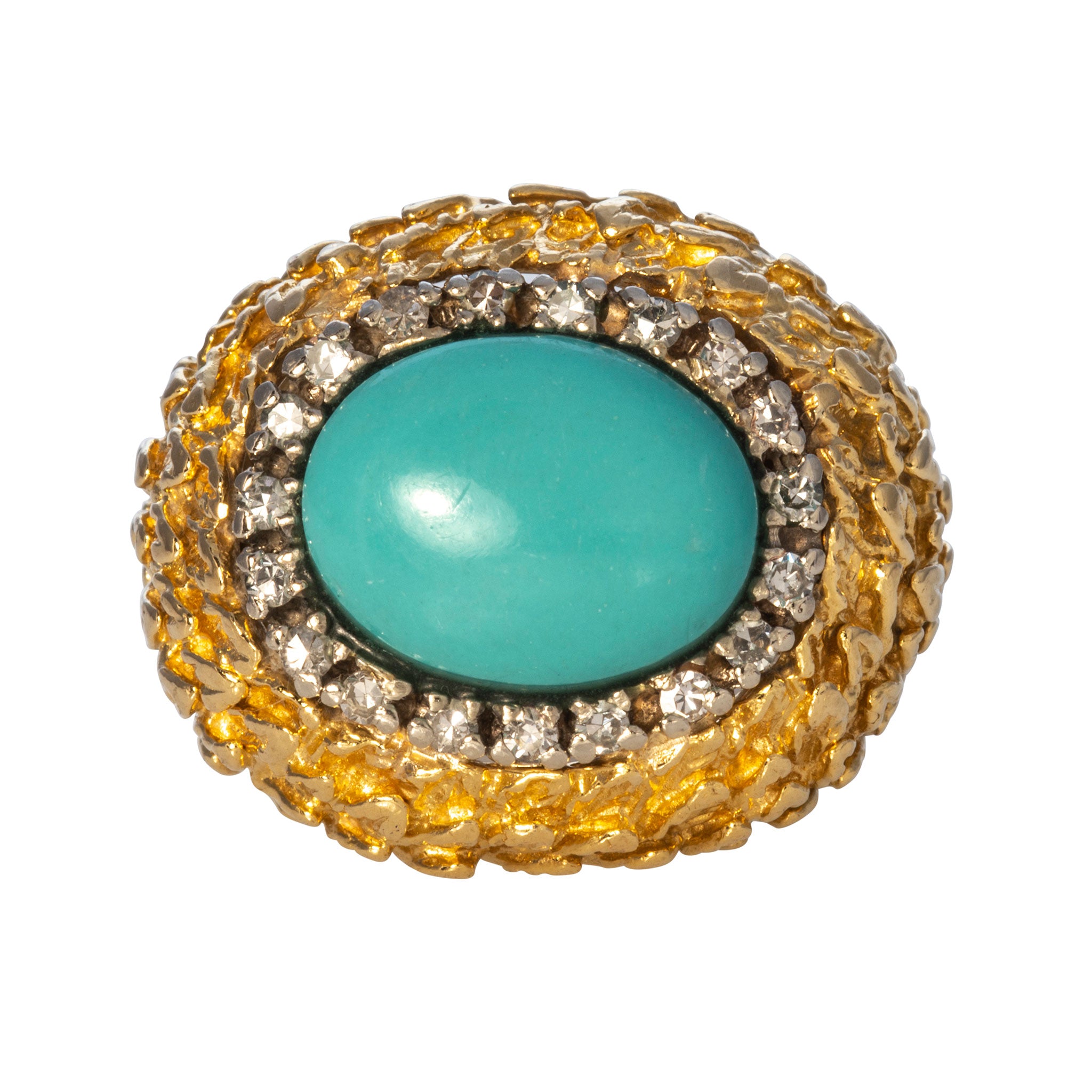 Vintage Turquoise Cabochon & Diamond 18K Gold Cocktail Ring