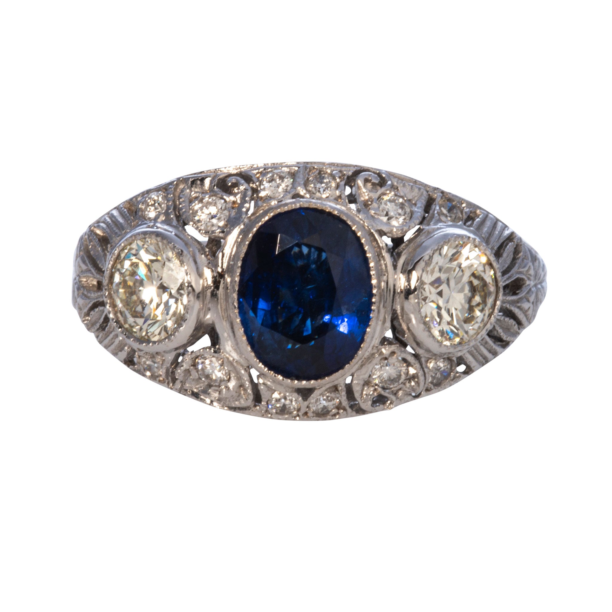 Art Deco Sapphire & Diamond Three Stone 18K Gold Dome Ring