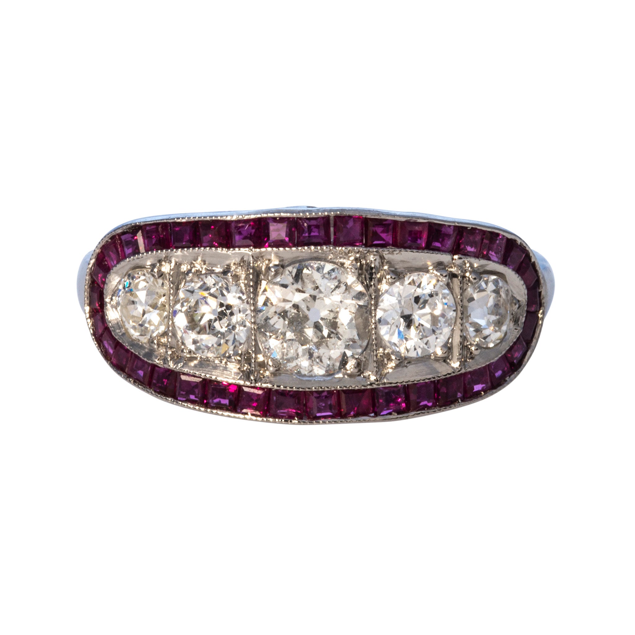 Art Deco 5 Stone Diamond & Ruby Halo Platinum Ring