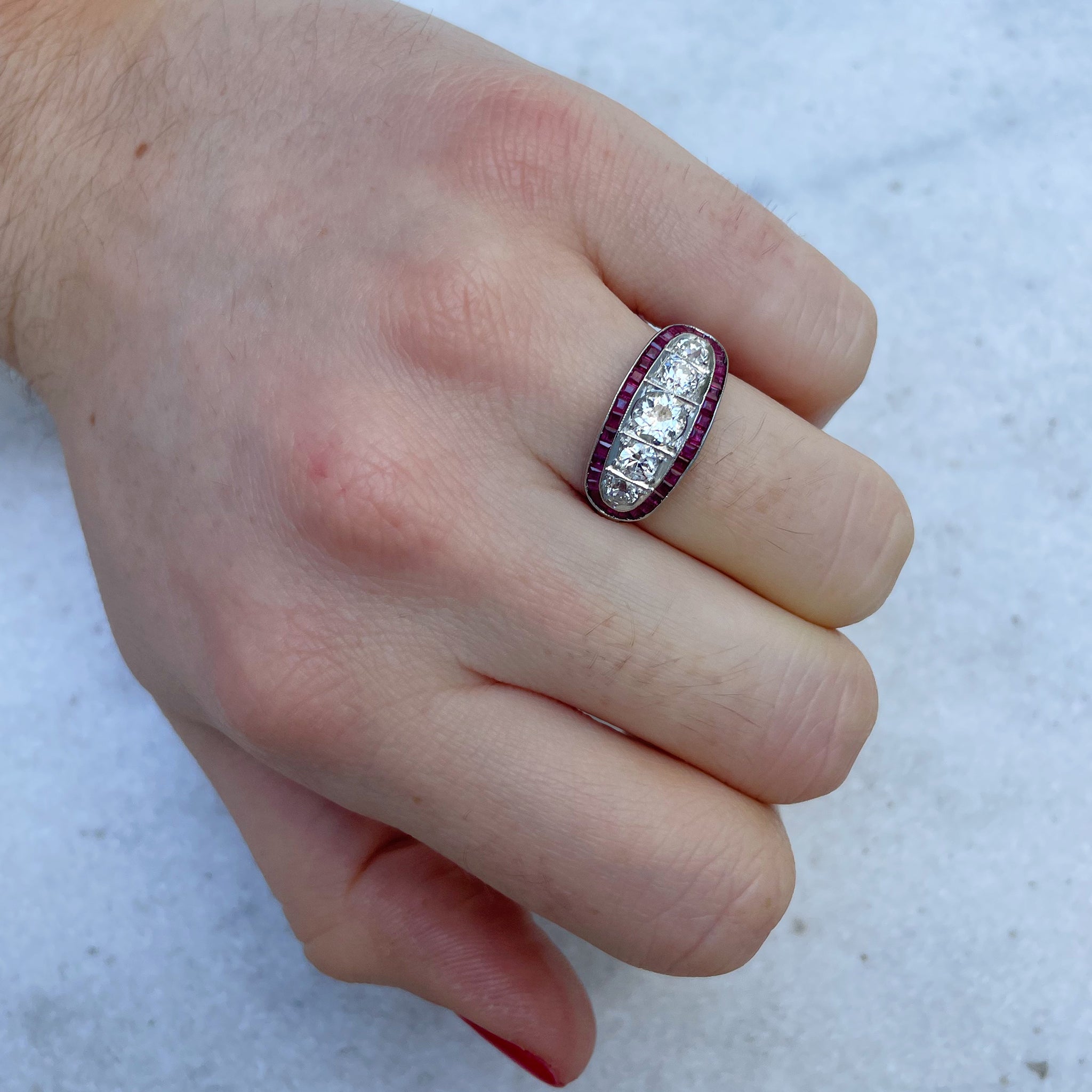 Art Deco 5 Stone Diamond & Ruby Halo Platinum Ring