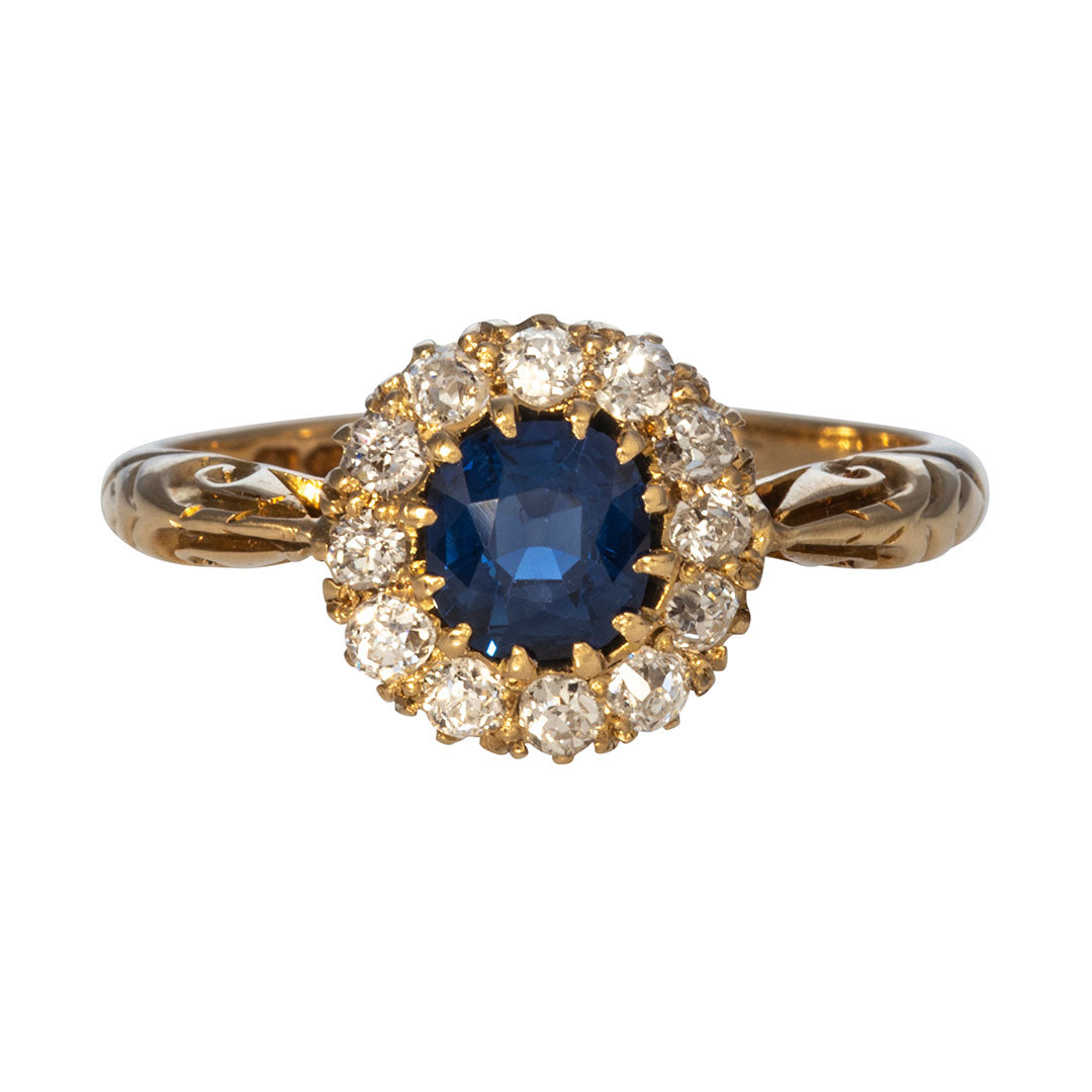 Edwardian Sapphire & Diamond Cluster 18K Yellow Gold Ring