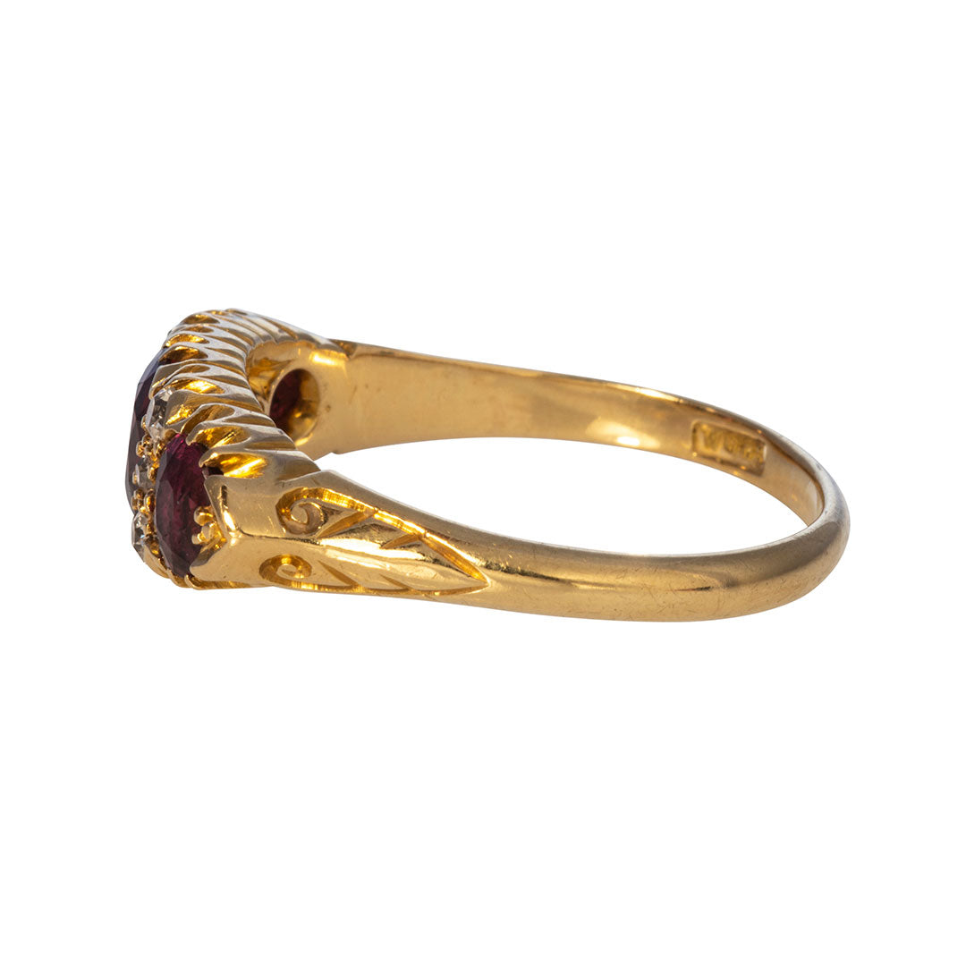 Victorian 1.8ct Three Stone Ruby & Diamond 18K Gold Ring
