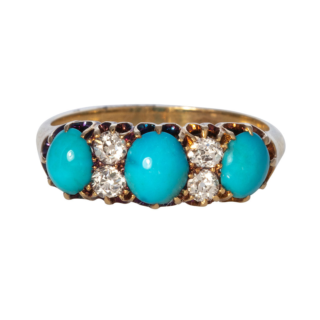 Victorian 3 Stone Turquoise & Diamond 18K Yellow Gold Ring