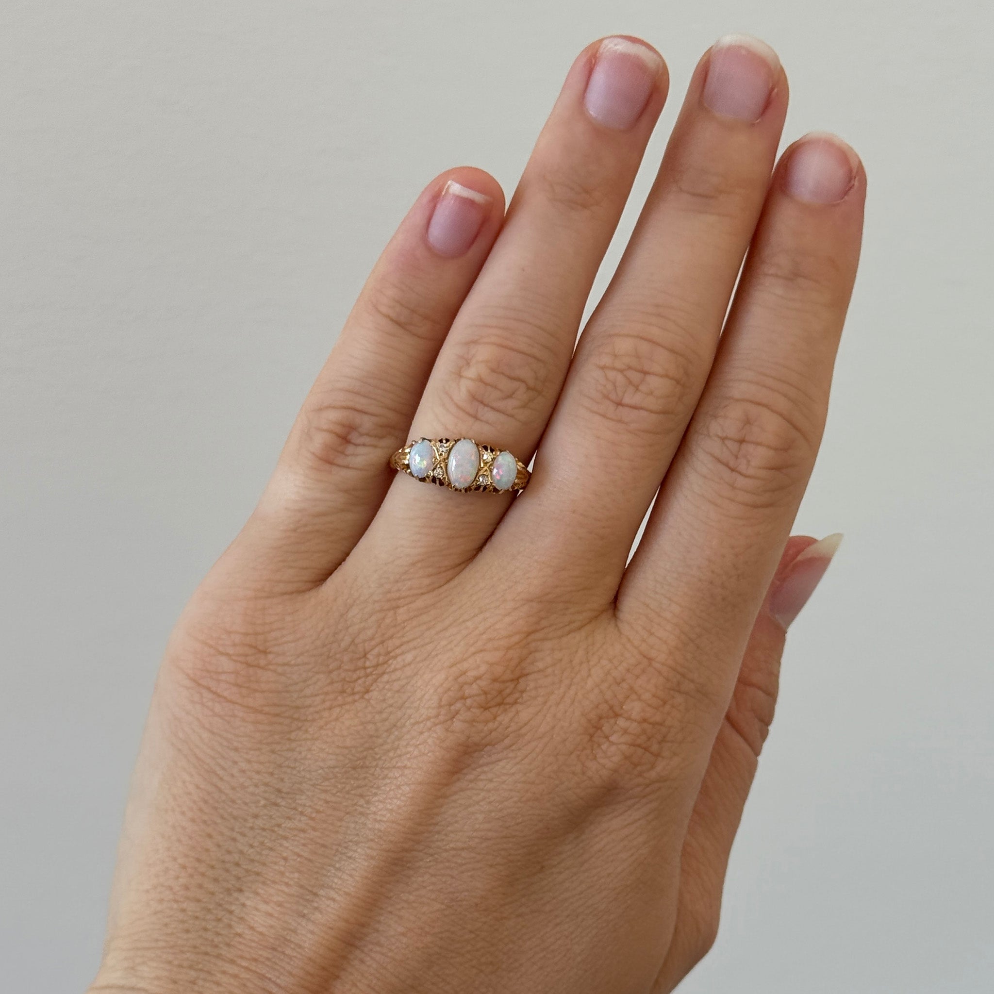 Victorian Opal 3-Stone Diamond 18K Yellow Gold Ring